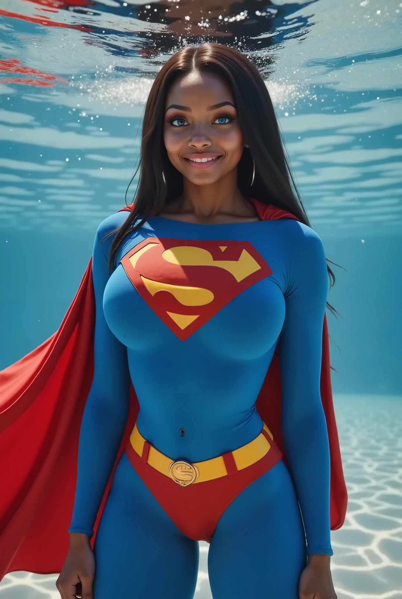 (SWIMMING UNDER WATER) SEXY BLACK AFRICAN 18-YEAR-OLD FEMALE AS SUPERMAN WITH crystal BLUE EYES **"FULL ENTIE BODY STANDING POV OF A stunning, highly detailed, and ultra-realistic portrait of a SEXY BLUE EYED I GIRL, proudly wearing the iconic RETRO 1980 SUPERMAN costume. The vibrant royal blue bodysuit shimmers under the soft natural lighting, adorned with a bold, raised red and yellow 'S' emblem on her chest, signifying her legacy as Superman’s daughter. A flowing red cape BILLOWING behind her, its silky texture catching the light, enhancing the depth of the image. Her long, jet-black hair is neatly pulled back into a sleek ponytail, revealing her striking blue eyes that radiate confidence and warmth. She has a bright, playful smile, showcasing her pearly white teeth, adding to her charismatic presence. Her skin appears flawless, glowing naturally, with soft highlights accentuating her features black hair, longeyelashes, solid circle eyes, 8k, super detail, best quality, highres, award winning, best quality, super detail, textured skin, UHD, retina masterpiece, best quality, high quality, extremely detailed CG unity 8k wallpaper, Depth of Field, HDR, bloom, Chromatic Aberration ,Photorealistic,extremely detailed, trending on artstation, trending on CGsociety, Intricate, High Detail, dramatic, art by midjourney, SWIMMING, CAPE SWIRLING IN THE WATER.