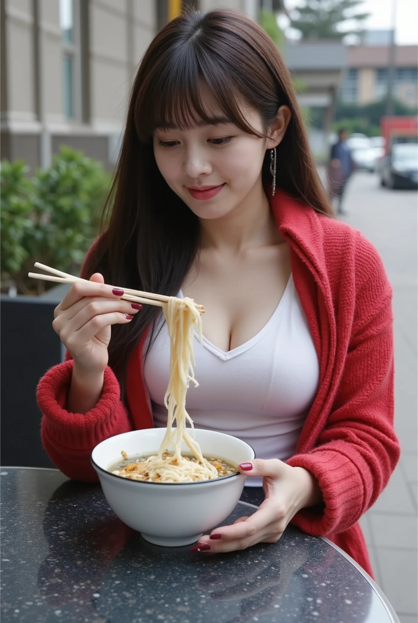 A high school student is seated outdoors at a small café table, slightly off-center to the right in the image. She is in her early s, with a youthful and animated expression as she enjoys a bowl of noodles with chopsticks. Her look is one of satisfaction, with a slight smile and an absorbed focus on her food. Her long, dark hair falls around her face with bangs framing her delicate features. She is dressed in a thin, red Sherpa-like jacket layered over a low-cut white shirt, giving her a casual yet stylish appearance. Her nails are painted a dark red, matching the color palette of her outfit. Her skin is fair and smooth, adding to her youthful appearance, while her curvy yet moderately toned body hints at an active lifestyle.
The setting is an outdoor café with a casual atmosphere, and the table is made of dark gray/black granite, complementing the muted tones of the scene. Behind her, an urban background can be partially seen, providing a glimpse into the city environment, though it doesn’t overwhelm the scene. The lighting is natural and soft, creating a relaxed ambiance with a bright yet subtle tone. The perspective is from a slightly high angle, enhancing the composition by focusing on her interaction with the noodles, bringing dynamism to the moment. The overall feel of the image is informal and serene, capturing a simple yet meaningful moment of enjoyment in her everyday life.