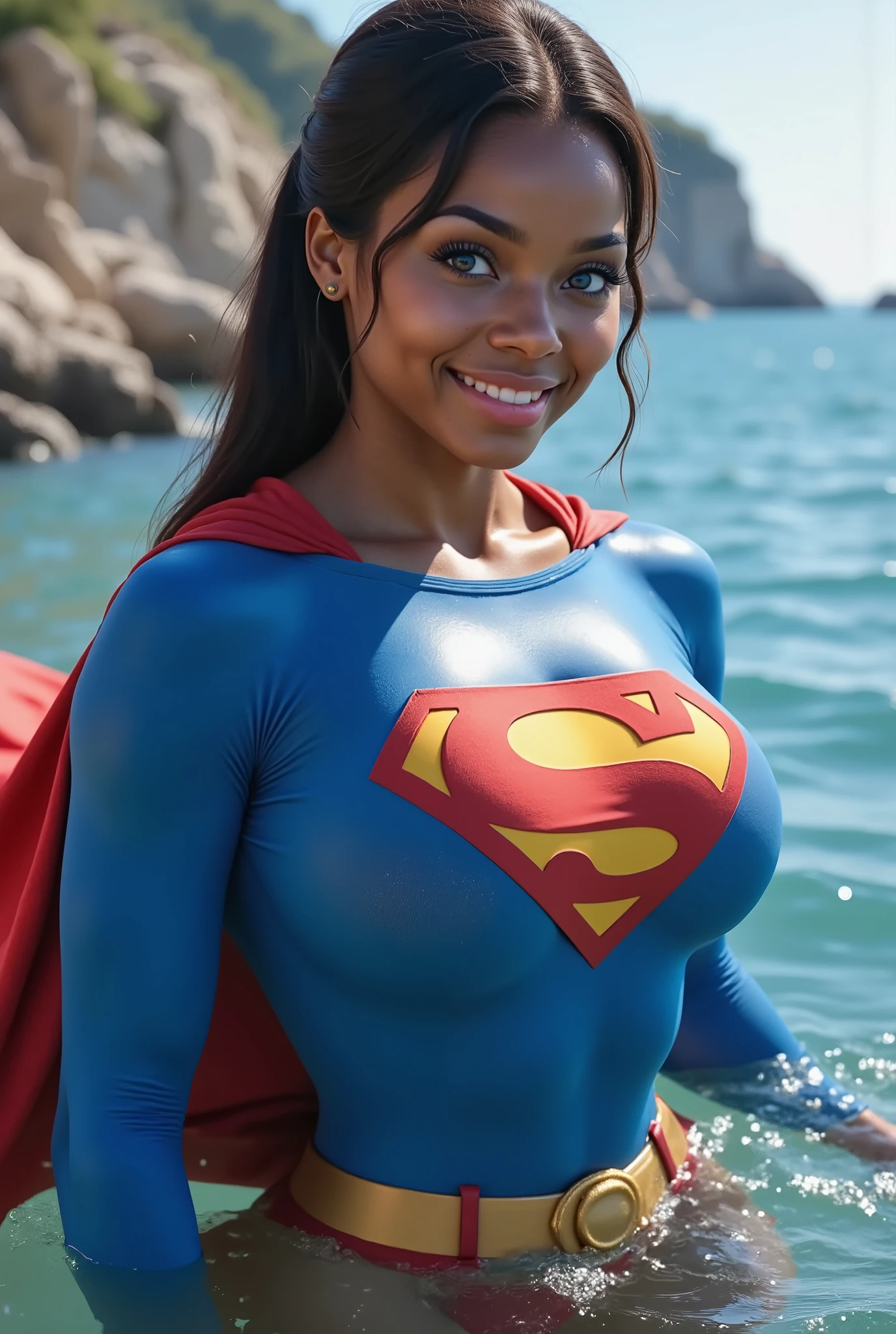 (SWIMMING IN THE OCEAN) SEXY BLACK AFRICAN 18-YEAR-OLD FEMALE AS SUPERMAN WITH crystal BLUE EYES **"FULL ENTIE BODY STANDING POV OF A stunning, highly detailed, and ultra-realistic portrait of a SEXY BLUE EYED I GIRL, proudly wearing the iconic RETRO 1980 SUPERMAN costume. The vibrant royal blue bodysuit shimmers under the soft natural lighting, adorned with a bold, raised red and yellow 'S' emblem on her chest, signifying her legacy as Superman’s daughter. A flowing red cape BILLOWING behind her, its silky texture catching the light, enhancing the depth of the image. Her long, jet-black hair is neatly pulled back into a sleek ponytail, revealing her striking blue eyes that radiate confidence and warmth. She has a bright, playful smile, showcasing her pearly white teeth, adding to her charismatic presence. Her skin appears flawless, glowing naturally, with soft highlights accentuating her features black hair, longeyelashes, solid circle eyes, 8k, super detail, best quality, highres, award winning, best quality, super detail, textured skin, UHD, retina masterpiece, best quality, high quality, extremely detailed CG unity 8k wallpaper, Depth of Field, HDR, bloom, Chromatic Aberration ,Photorealistic,extremely detailed, trending on artstation, trending on CGsociety, Intricate, High Detail, dramatic, art by midjourney, SWIMMING, CAPE SWIRLING IN THE WATER.
