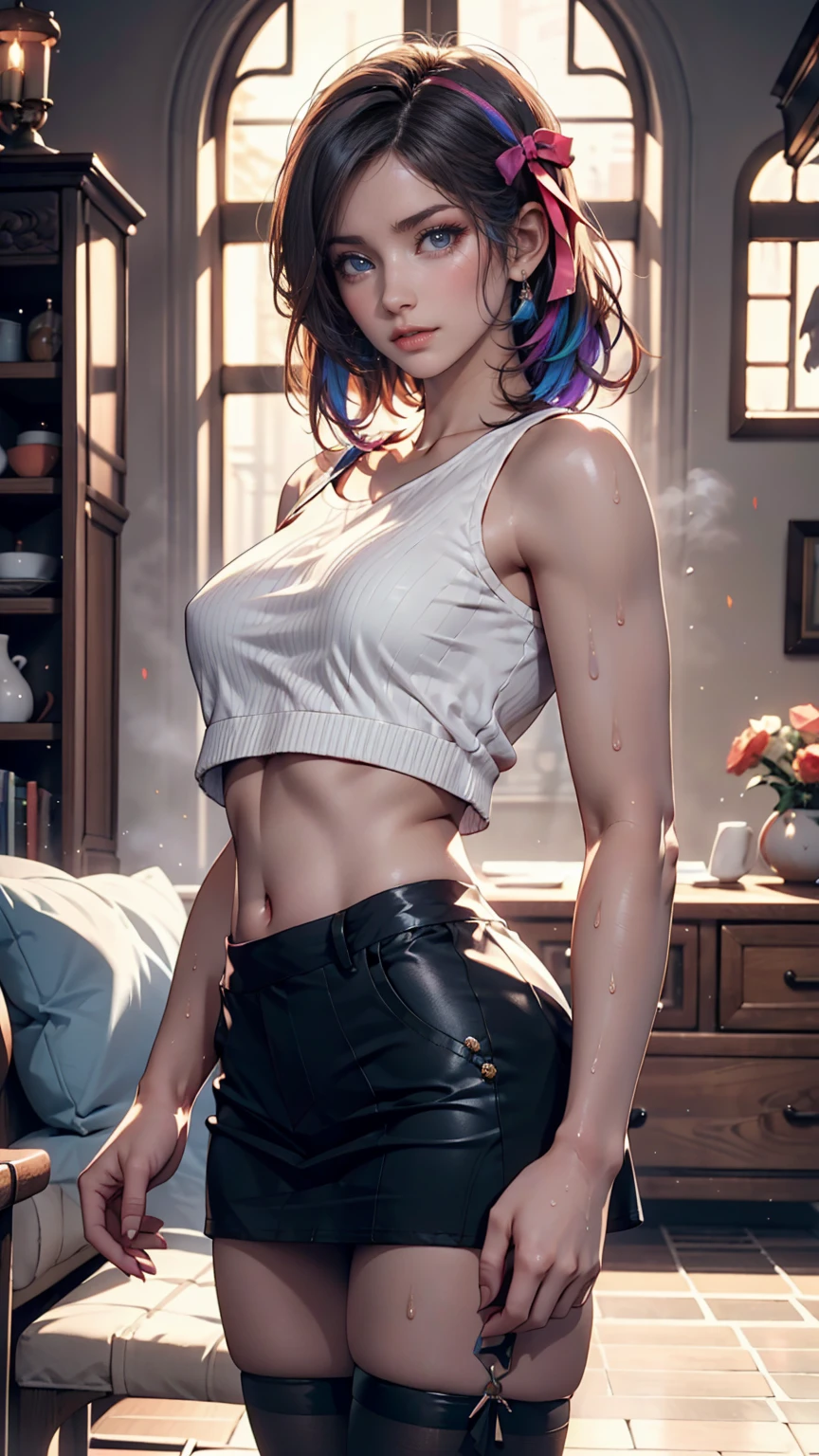 In the room, underwear, blush, Focus on the face, bangs, Hair Circle, Blue Hair、White woman