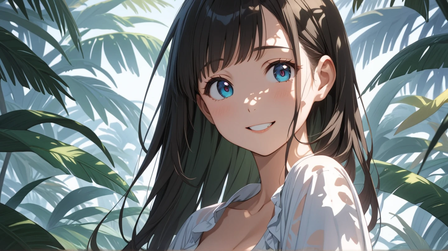 ((Highest quality)), ((masterpiece)), (detailed),((nymph)),10 years old, Black Hair,(Childish face), (Straight Hair), Girl ,Medium Breasts , ((Blue eyes)),Chuckle-Smile , ((Naked)),((topless)), Sunlight ,((close_up)), ((extreme_close_up)) , jungle, tropical rain forest,