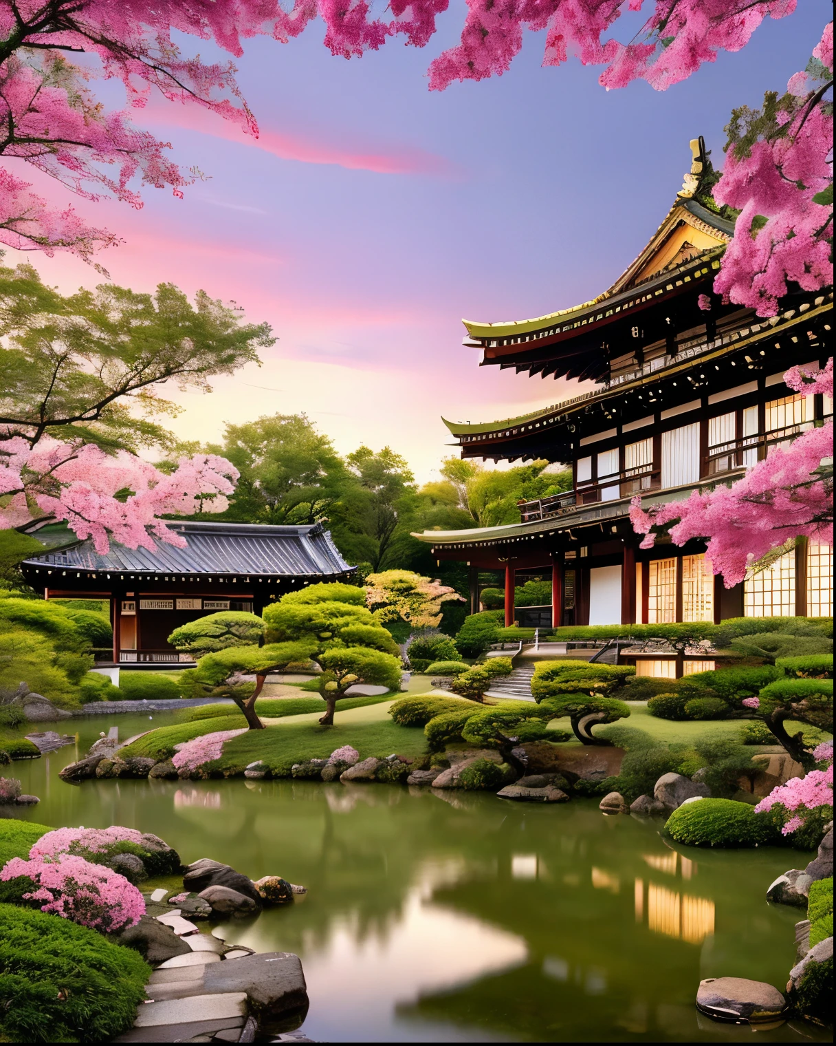 The scene unfolds on a quiet street in Kyoto, where the past and present intertwine in perfect harmony. On one side of the street, a serene lake mirrors the gradually darkening sky. On the surface of the water, lotus flowers bloom, their delicate petals in shades of pink and white floating gracefully. Broad, green leaves scatter across the lake, some still holding drops of water that sparkle like pearls in the evening light.
Across the street, traditional Japanese houses line up, their dark wooden structures and gray tile roofs telling stories of centuries past. Vases of flowers decorate the entrances, adding touches of color to the predominantly earthy setting.
In the background stands a majestic pagoda, its ancient architecture standing out against the sky that now displays the first glimpses of stars. The multiple layers of the roof gently curve upwards as paper lanterns begin to light up, casting a warm, inviting light. The atmosphere is serene, almost magical. The distant sound of a temple bell echoes through the air, mixing with the rustling leaves of the trees that line the street. The lake, with its lotus flowers, seems to emanate a deep calm, like a natural refuge in the heart of the city.
This is a scene that captures the essence of Japan: a mix of tradition, natural beauty and a sense of constant discovery.
