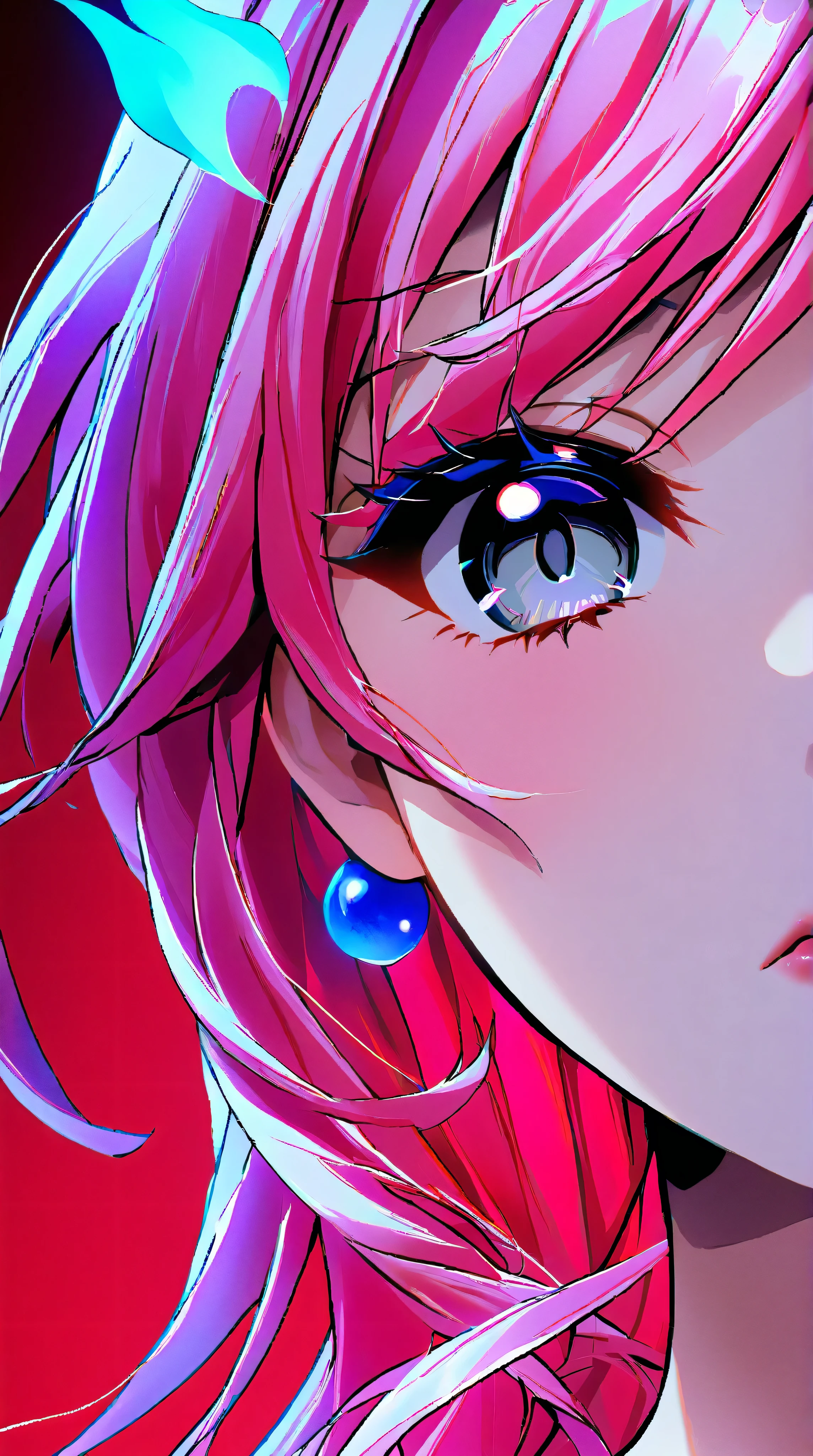 Woman, with very long curly red hair, with gray eyes, she is wearing a tube top and jeans, wears hair decoration, has big , she has pretty pink lips, shiny skin, jewelry, shiny skin, , cleavage, no background, blue background, red background, , submissive, shy, heavy blushing,