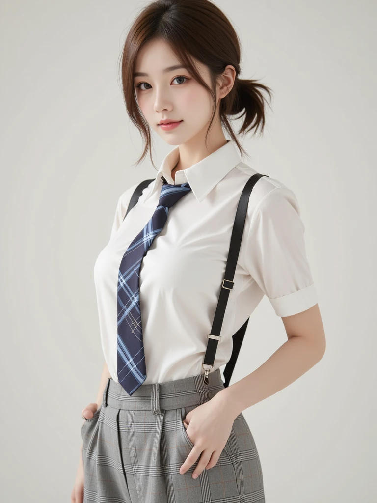 ((Face the front of your body at the camera:2.0)), ((Collared shirt:2.0, suspenders:2.0, pants:1.8)), (Clothing:2.0, Skinny jeans:2.0, suspenders under Collared shirt:2.0, A bow tie:1.2, sneakers:1.5), ((In town:1.5)), ((A grin:1.2, Small breasts:1.5, slender:1.5, Small Ass:1.5)), ((Japanese, 1 Girl, 18-year-old, 7 heads, Ideal body proportions, Black Hair, With bangs, Small breasts, Erect nipples, slender, Small Ass, Beautiful feet, Skinny Legs)), Surrealism, Cinematic Lighting, Depth of written boundary, First Person View, Boobs F/1.8, 135mm, Ticker, Mastepiece, Curate, ((Anatomically correct:1.3)), Textured skin, Super Detail, High detail, High quality, Awards, Best Quality, High resolution, 8K