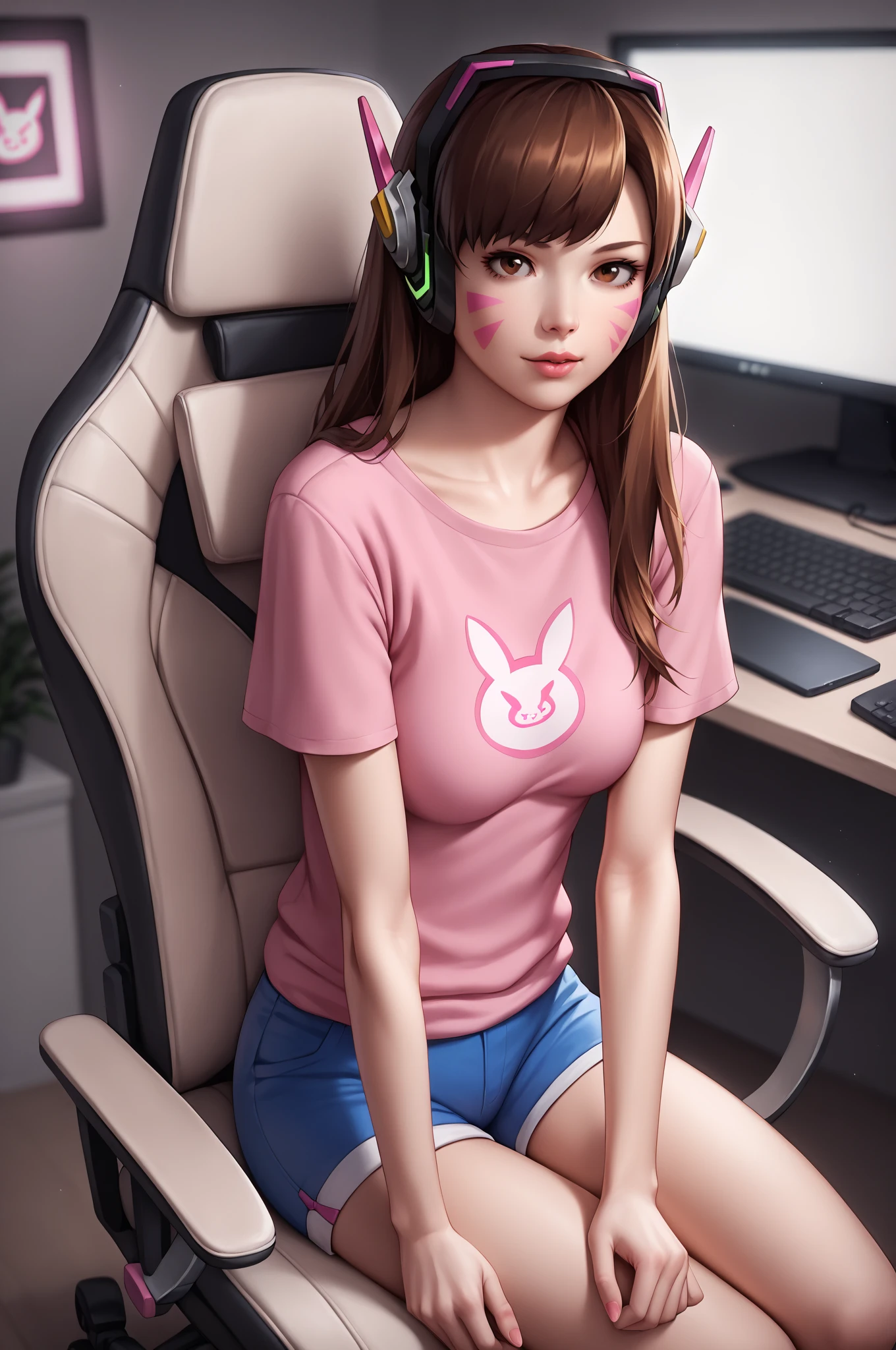 (An adorable Twitch streamer woman (pink panties labia well defined, small tshirt (slutty message) midriff exposed, bunny ear headset, big glasses, xbox controller, gaming chair) she is half heartedly playing a video game while flirting to her camera, spread legs, panty shot), dimly lit gamer room lit mainly by the monitor with loads of anime posters and anime collectibles