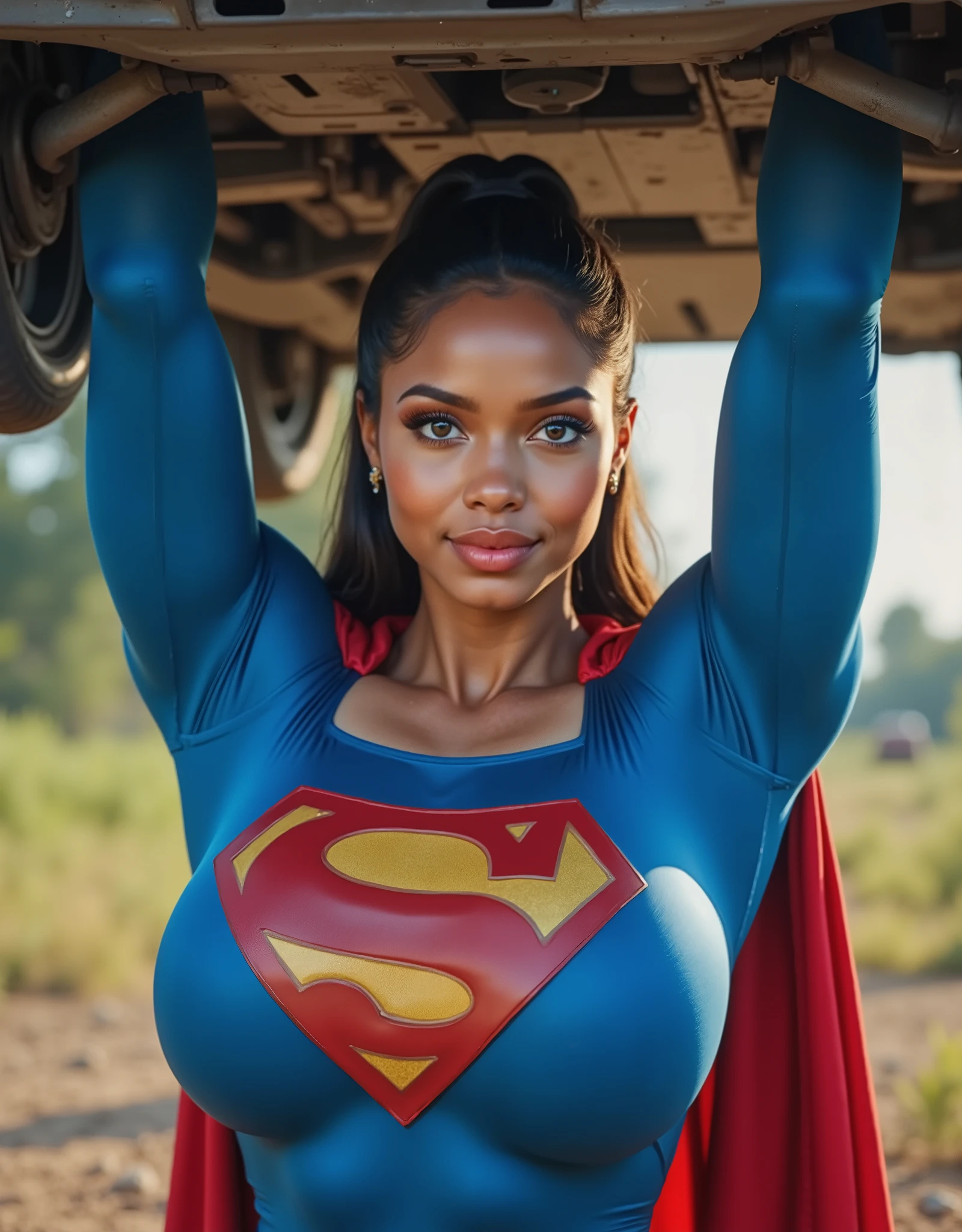 PICKING UP A FULL SIZE CAR UP ABOVE HER HEAD WITH ONE HAND. A SEXY17-YEAR-OLD BLACK AFRICAN FEMALE COSPLAYER WITH big BLUE EYES ** A stunning, highly detailed, and ultra-realistic portrait of a SEXY BLUE EYED I GIRL, proudly wearing the iconic 1980 SUPERMAN SUITE and long red cape.. The vibrant royal blue bodysuit shimmers under the soft natural lighting, adorned with a bold, raised red and yellow 'S' emblem on her chest, signifying her legacy as Superman’s daughter. its silky texture catching the light, enhancing the depth of the image. Her long, jet-black hair is neatly pulled back into a sleek ponytail, revealing her striking blue eyes that radiate confidence and warmth. She has a bright, playful smile, showcasing her pearly white teeth, adding to her charismatic presence. Her skin appears flawless, glowing naturally, with soft highlights accentuating her features black hair, longeyelashes, solid circle eyes, 8k, super detail, best quality, highres, award winning, best quality, super detail, textured skin, UHD, retina masterpiece, best quality, high quality, extremely detailed CG unity 8k wallpaper, Bokeh, Depth of Field, HDR, bloom, Chromatic Aberration ,Photorealistic,extremely detailed, trending on artstation, trending on CGsociety, Intricate, High Detail, dramatic, art by midjourney