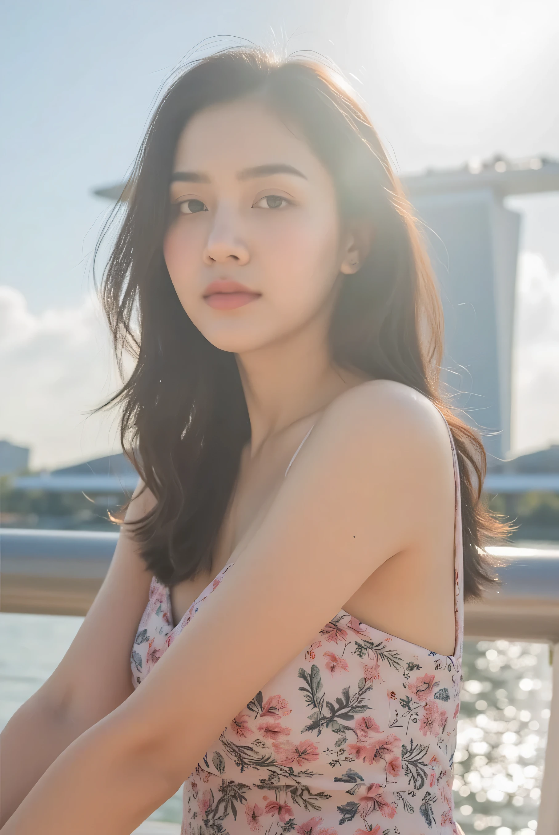 1girl, sitting in front of Marina Bay Sands Hotel, Singapore, beautiful detailed eyes, beautiful detailed lips, extremely detailed face, long eyelashes, cute, sweet, above knee length dress, sunlight, cinematic lighting, vibrant colors, highly detailed, photorealistic, 8k, best quality, masterpiece