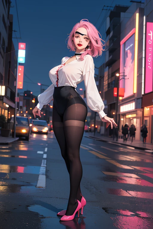1 girl, 19 years old, Long pink hair, green eyes with slit pupils, master-piece, best quality, (standing up), (white shirt), (long sleeve white front-tie crop top, black pants, red nails, cleavage), (Big , ultra gigantic , Super super big, Glamorous body), Make eye contact with the camera, front figure, looking forward, (light_Smile:1.5), (Detailed hands and fingers:1.2) (Cyberpunk City), (FULL BODYSHOT), thighs thighs thighs thighs、beauty legs、Bare legs