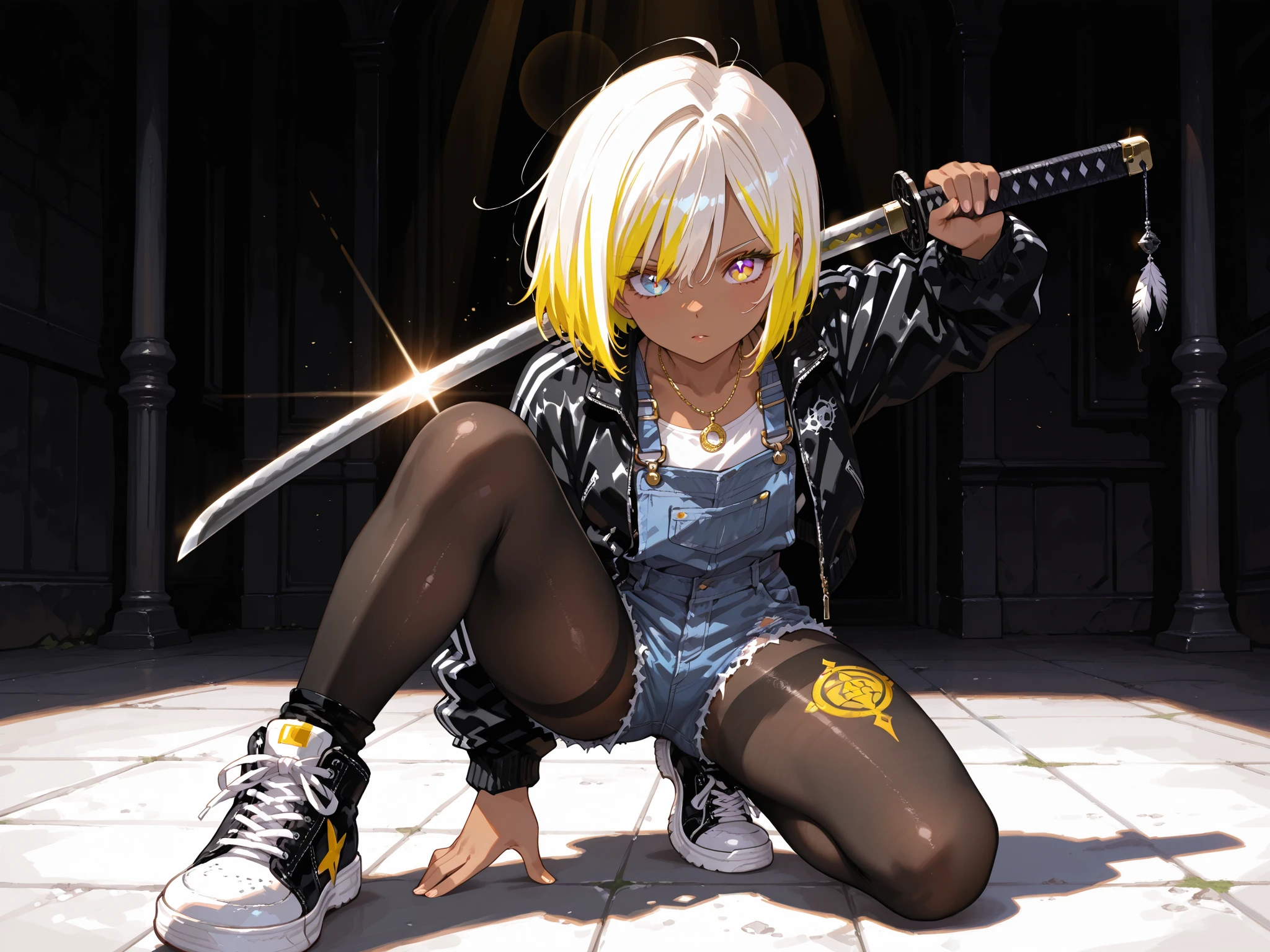 Girl with highlighted hair, tan skin, tattoos, katana in right hand, heterochromatic pupils, black and white color blocking pantyhose, high-top sneakers, jean shorts, punk-style jacket, necklace