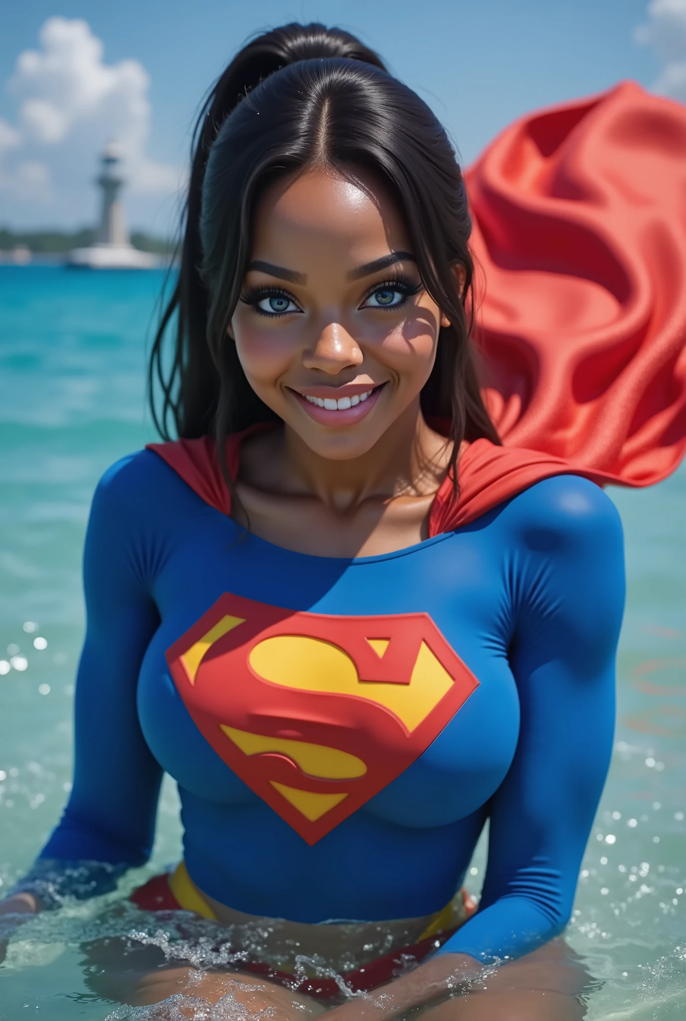 (SWIMMING IN THE OCEAN) SEXY BLACK AFRICAN 17-YEAR-OLD FEMALE AS SUPERMAN WITH BIG BLUE EYES **"FULL ENTIE BODY STANDING POV OF A stunning, highly detailed, and ultra-realistic portrait of a SEXY BLUE EYED I GIRL, proudly wearing the iconic RETRO 1980 SUPERMAN costume. The vibrant royal blue bodysuit shimmers under the soft natural lighting, adorned with a bold, raised red and yellow 'S' emblem on her chest, signifying her legacy as Superman’s daughter. A flowing red cape BILLOWING behind her, its silky texture catching the light, enhancing the depth of the image. Her long, jet-black hair is neatly pulled back into a sleek ponytail, revealing her striking blue eyes that radiate confidence and warmth. She has a bright, playful smile, showcasing her pearly white teeth, adding to her charismatic presence. Her skin appears flawless, glowing naturally, with soft highlights accentuating her features black hair, longeyelashes, solid circle eyes, 8k, super detail, best quality, highres, award winning, best quality, super detail, textured skin, UHD, retina masterpiece, best quality, high quality, extremely detailed CG unity 8k wallpaper, Depth of Field, HDR, bloom, Chromatic Aberration ,Photorealistic,extremely detailed, trending on artstation, trending on CGsociety, Intricate, High Detail, dramatic, art by midjourney, SWIMMING, CAPE SWIRLING IN THE WATER.
