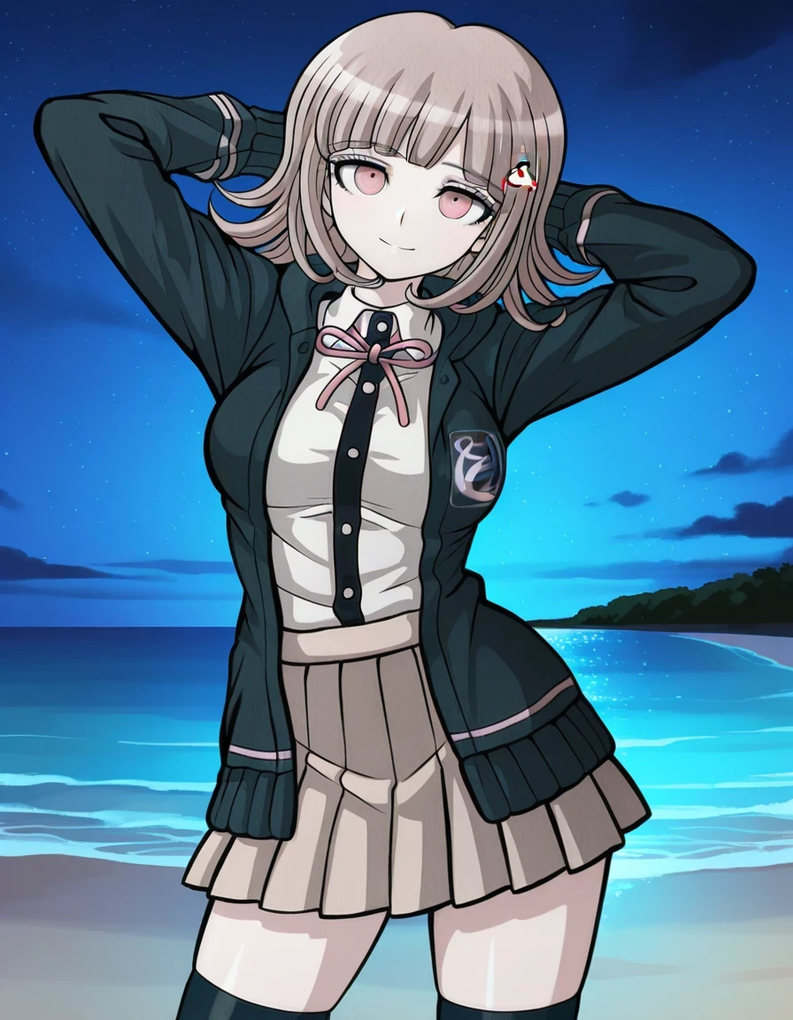 nanami chiaki, game screencap, hairclip, neck ribbon, pink ribbon, black hoodie, open hoodie, hood down, collared shirt, white shirt, two-tone shirt, long sleeves, shirt tucked in, pleated skirt, brown skirt, miniskirt, zettai ryouiki, black thighhighs, flipped hair, medium hair, light brown hair, pink eyes, bangs, shiny skin, high quality, solo, night sky, beach, hands behind head, ((contrapposto)), closed mouth, cowboy shot, looking at viewer, smile, best quality