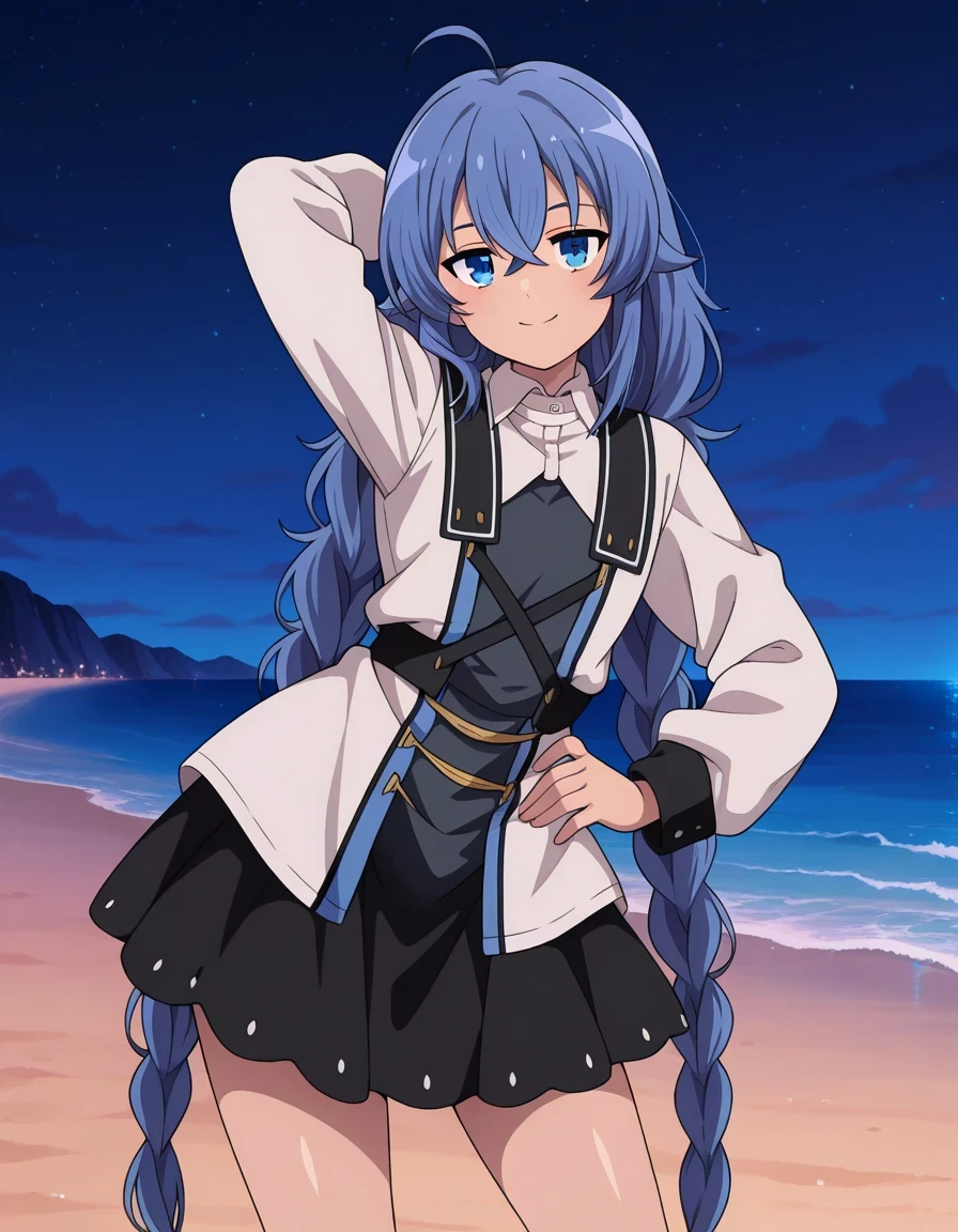 RoxyDress, anime screencap, masterpiece,
long hair, crossed bangs, twin braids, blue hair, long hair, blue eyes,
 layered dress, cross-laced clothes, long sleeves, medium skirt, black skirt, shiny skin, high quality, solo, night sky, beach, hand behind head, hand on hip, ((contrapposto)), closed mouth, cowboy shot, looking at viewer, smile, best quality
