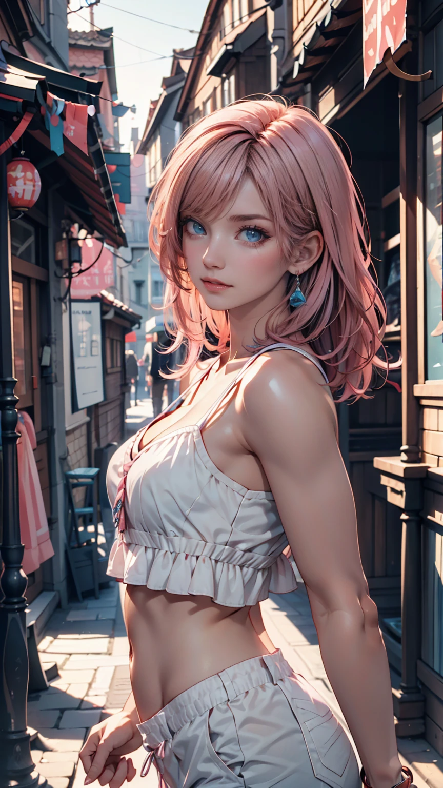 a masterpiece, best quality, highres, absurdres, 1girl, crowd, skirt, pink hair, gasai yuno, from below, revealing clothes, skindentation, outdoors, sunlight, street, looking at viewer, blush, detailed face, beautiful detailed eyes, beautiful detailed lips, extremely detailed face, long eyelashes, cinematic lighting, depth of field, volumetric lighting, photorealistic, digital painting, concept art, vibrant colors, dynamic pose