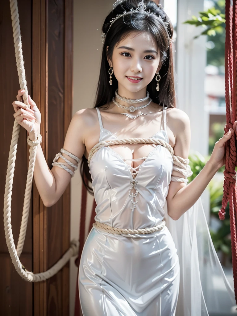 European princess((The beauty straddles the iron rod)),Tiptoeing,((Wearing tattered transparent clothes,Wearing tattered transparent clothes of fallen nobles)),(with no underpants,no brassiere)),eye closeds,Leather eye mask,Wet crotch,Wet thighs,Wet thighs,(((nipple tips protruding,areola is protruding,The shape of is clearly visible)), White gorgeous dress (tied perfectly by chain), Restraint, Slaves, Collar, defiance, (((Tears flow, Crying in pain)), perspired, ((A wide prison with sunshine)), Surreal material for the princess crown,shattered wall,((Torn costume))),soggy,The cloudy,(锁链)),((big emphasized by chains)),((The chain digs into the crotch)),Ultra-clear 8K,Pure white pointed toe heels,((hands tied behind her back,Invisible hand)),(with no underpants,no brassiere),Broken costumes,,Boots with white knee pads,White combat gloves,Combat shoulder armor,junkyard, jewelery,long whitr hair,Torn Cape,Torn pantyhose,long leges,((iron pipe in the crotch)),Metal shackles and shackles,((Chains hanging from heaven)),The wet crotch is clearly visible,Under your feet are high heels made by Swarovski