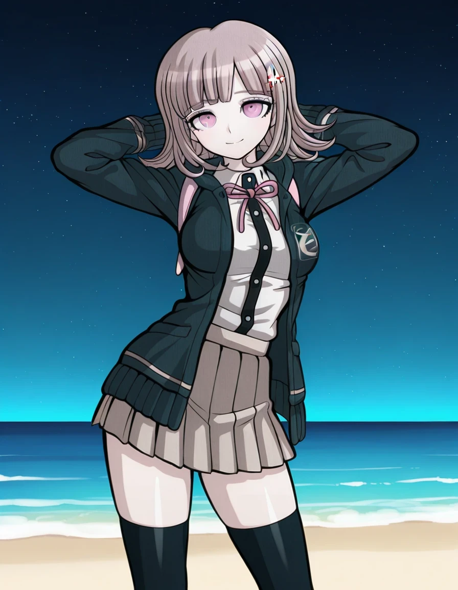 nanami chiaki, game screencap, hairclip, neck ribbon, pink ribbon, black hoodie, open hoodie, hood down, collared shirt, white shirt, two-tone shirt, long sleeves, shirt tucked in, pleated skirt, brown skirt, miniskirt, zettai ryouiki, black thighhighs, flipped hair, medium hair, light brown hair, pink eyes, bangs, shiny skin, high quality, solo, night sky, beach, hands behind head, ((contrapposto)), closed mouth, cowboy shot, looking at viewer, smile, best quality