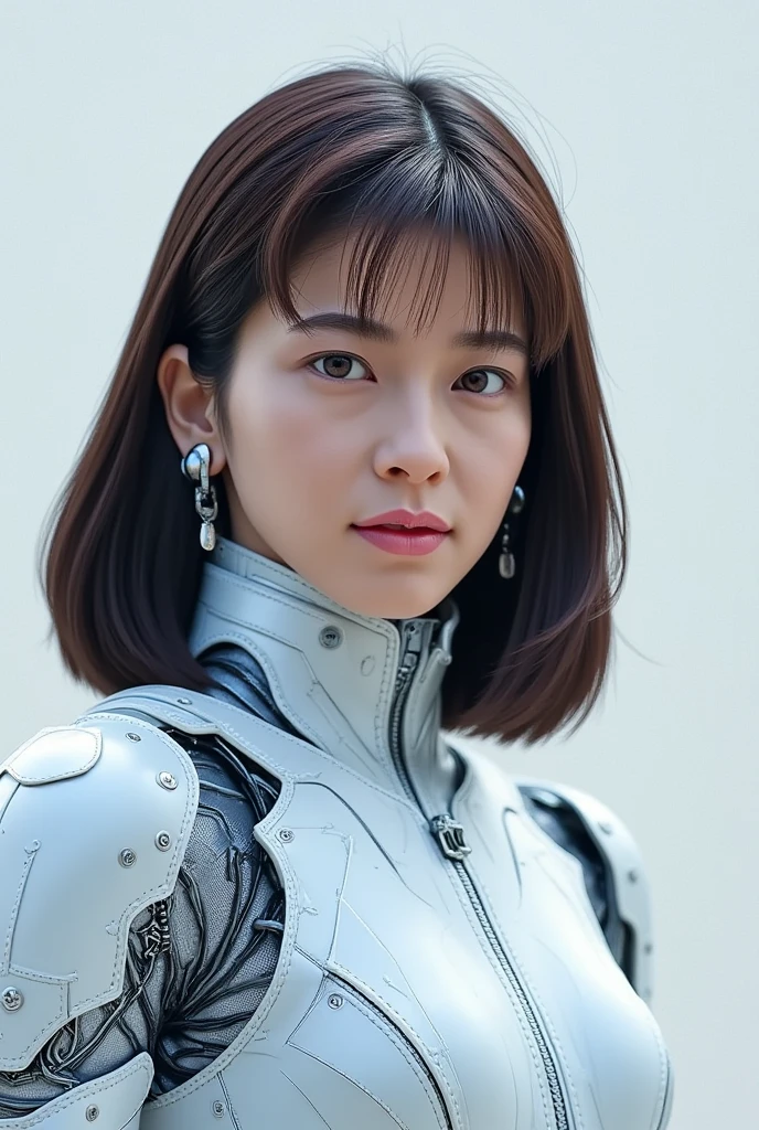 Wear a metal face mask、Close up portrait of a woman in a robot suit,  (Bust color is metal silver)