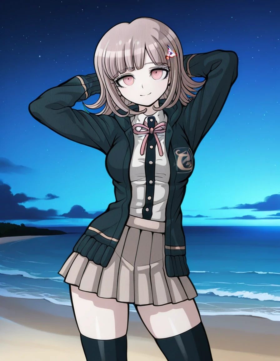 nanami chiaki, game screencap, hairclip, neck ribbon, pink ribbon, black hoodie, open hoodie, hood down, collared shirt, white shirt, two-tone shirt, long sleeves, shirt tucked in, pleated skirt, brown skirt, miniskirt, zettai ryouiki, black thighhighs, flipped hair, medium hair, light brown hair, pink eyes, bangs, shiny skin, high quality, solo, night sky, beach, hands behind head, ((contrapposto)), closed mouth, cowboy shot, looking at viewer, smile, best quality