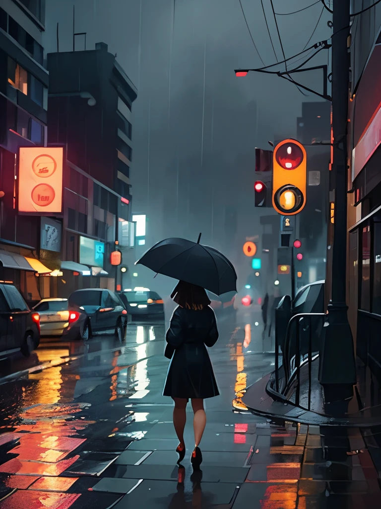 a scene of someone walking through the city streets at night, with flashing neon lights and puddle reflections.