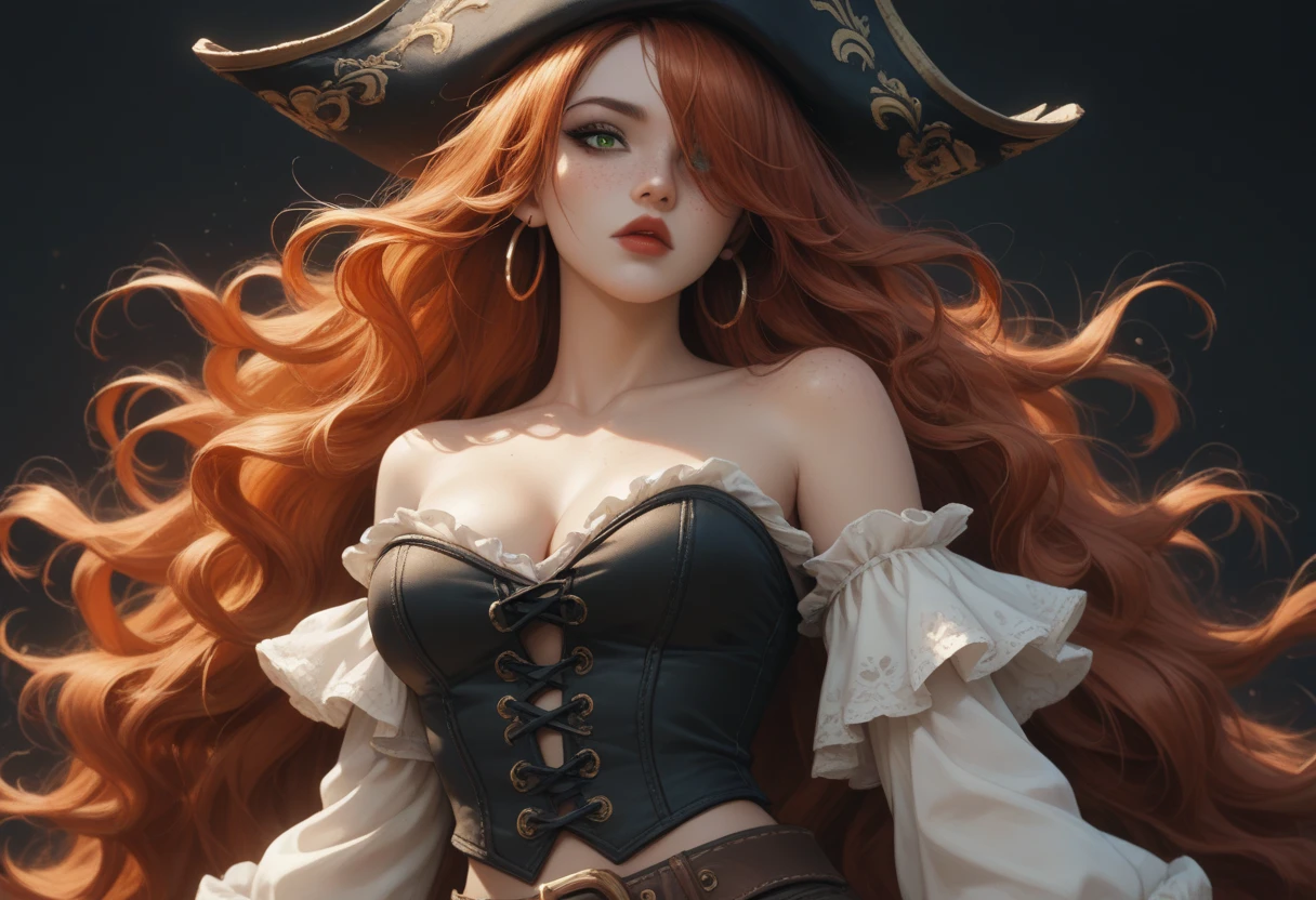 (Superior quality, 4k), Official Art, 8k, wallpaper, ultra detailed, 25 year old pirate girl, europea, Caucasian, very pretty, goddess of beauty, carved face, detailed eyes, view the whole body. Torn clothing showing intricate details, Worn and dirty leather boots , she wears a pirate dress, pirate hat, leather corset, short white shirt with neckline, Show your shoulders, open neckline, tattoos, tattoos en brazos, wears gold rings, wears gold hoop earrings, Gold bracelets, gold jewelry,Long curly, very red-orange hair that falls in tousled ringlets over his chest, waving, fierce and determined expression, Scene on an old and worn pirate ship, banderas de calaveras waving ras ella, Clear image of pirates of the Caribbean, Fine details of intricately drawn skull and bones., Vibrant art nouveau atmosphere with dark tones.