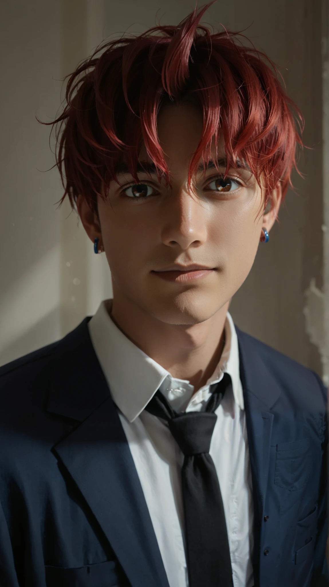 score_9, score_8_up, score_7_up, source_anime, high res image, masterpiece, best quality, BREAK
1boy, solo, gradient background, looking at viewer, front view, portrait, light smile, closed mouth,
jin enjoji (dandadan s1), short hair, red hair, brown eyes, earrings,
school uniform, blue blazer, black necktie, collared shirt,