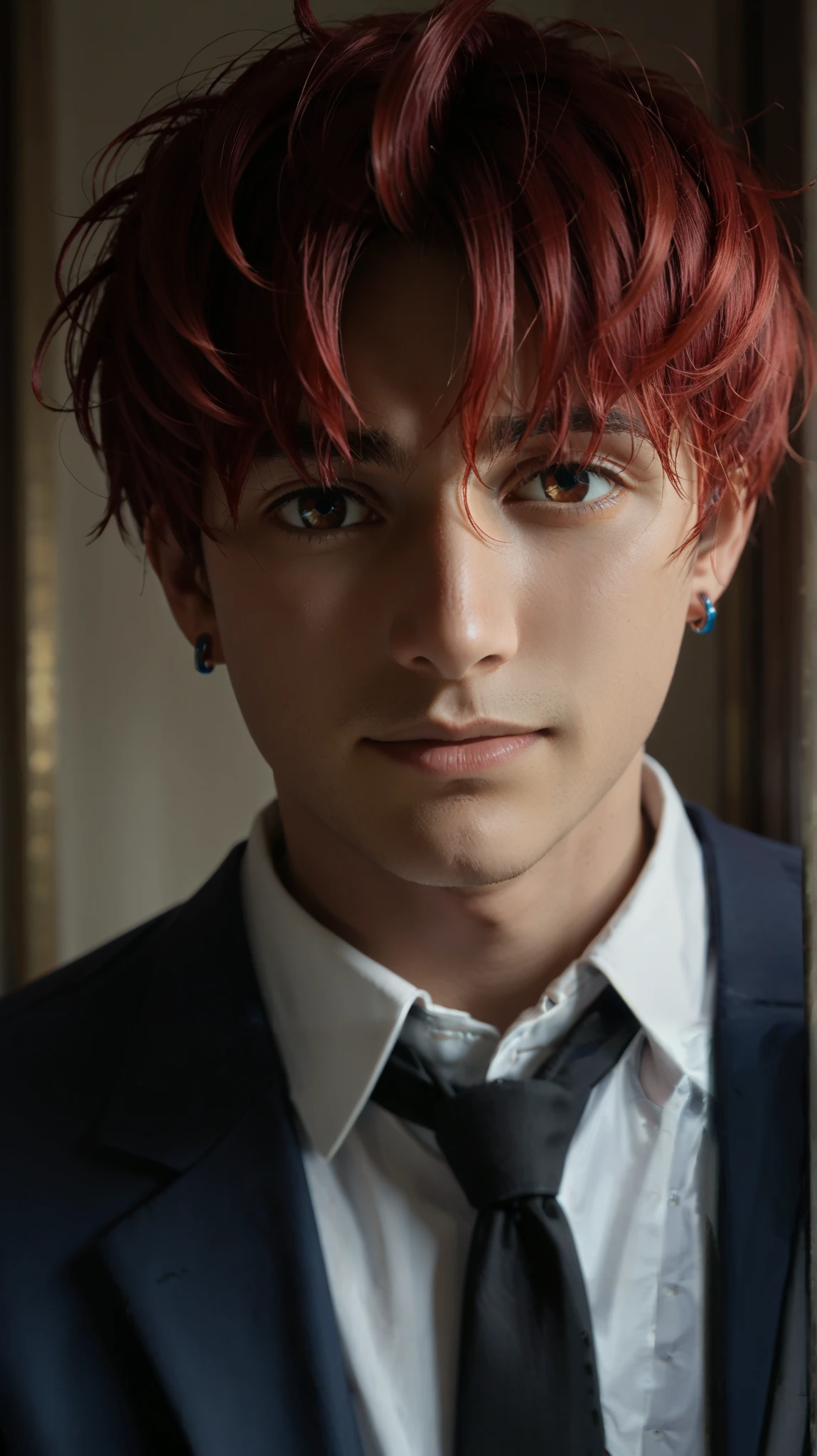 score_9, score_8_up, score_7_up, source_anime, high res image, masterpiece, best quality, BREAK
1boy, solo, gradient background, looking at viewer, front view, portrait, light smile, closed mouth,
jin enjoji (dandadan s1), short hair, red hair, brown eyes, earrings,
school uniform, blue blazer, black necktie, collared shirt,