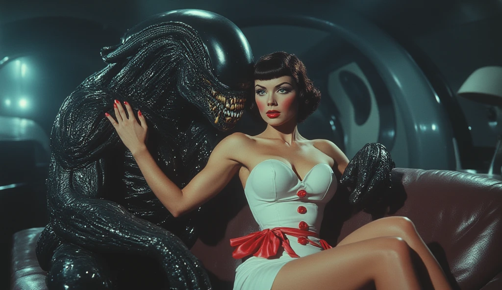 jayne mansfield (age 25, young and vibrant, sexy sci fi scientist), damsel in distress, recoiling from a terrible monster. science lab 1960s sci fi cinema. Show all of her, full body shown
