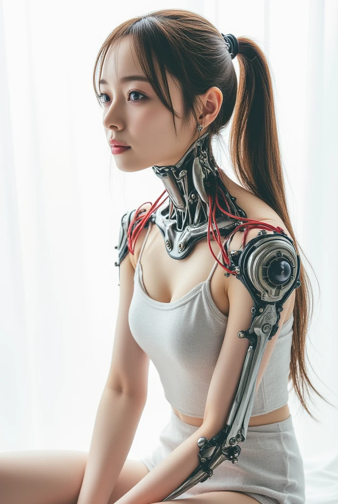 Asian cute girl, baby face, baby face, baby face, 20 years old pretty cute Asian girl, (((masterpiece))), (((best quality))), ((ultra-detailed)), (highly detailed CG illustration), ((an extremely delicate and beautiful)),(from side),cinematic light,((1mechanical girl)),solo,full body,(machine made joints:1.2),((machanical limbs)),(blood vessels connected to tubes),(mechanical vertebra attaching to back),((mechanical cervial attaching to neck)),(sitting),expressionless,(wires and cables attaching to neck:1.2),(wires and cables on head:1.2)(character focus),science fiction,extreme detailed,colorful,highest detailed