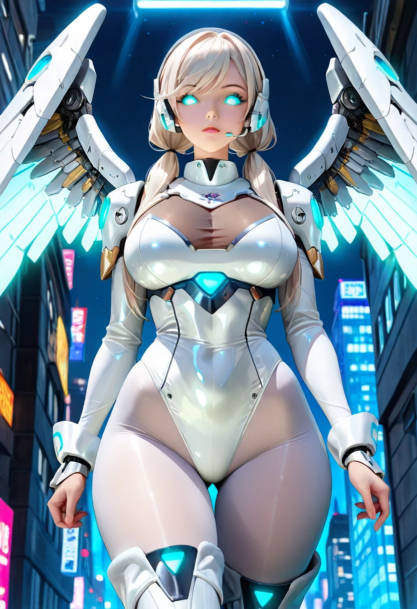 (((masterpiece))), (((best quality))), ((ultra-detailed)), (illustration), ((an extremely delicate and beautiful)), ((super detail)), ((high resolution)), (((20 years old))), metallic cloth, (maid), (android), ((mechanical wings)), delicate metal decorations, gleaming skin, shiny body, two legs, breast focus, (((tall))), slender legs, ((big round eyes)), cute eyes, drooping eyes, ((adult)), two hands, five fingers, no extra hands, elegant smile, braid, medium length hair, ((metallic light blue)), (see-through), (dark blonde), biopunk, cyberpunk, (ultra-huge breasts), safe for watch, (shining brightly), outdoor, afternoon, shining sun,