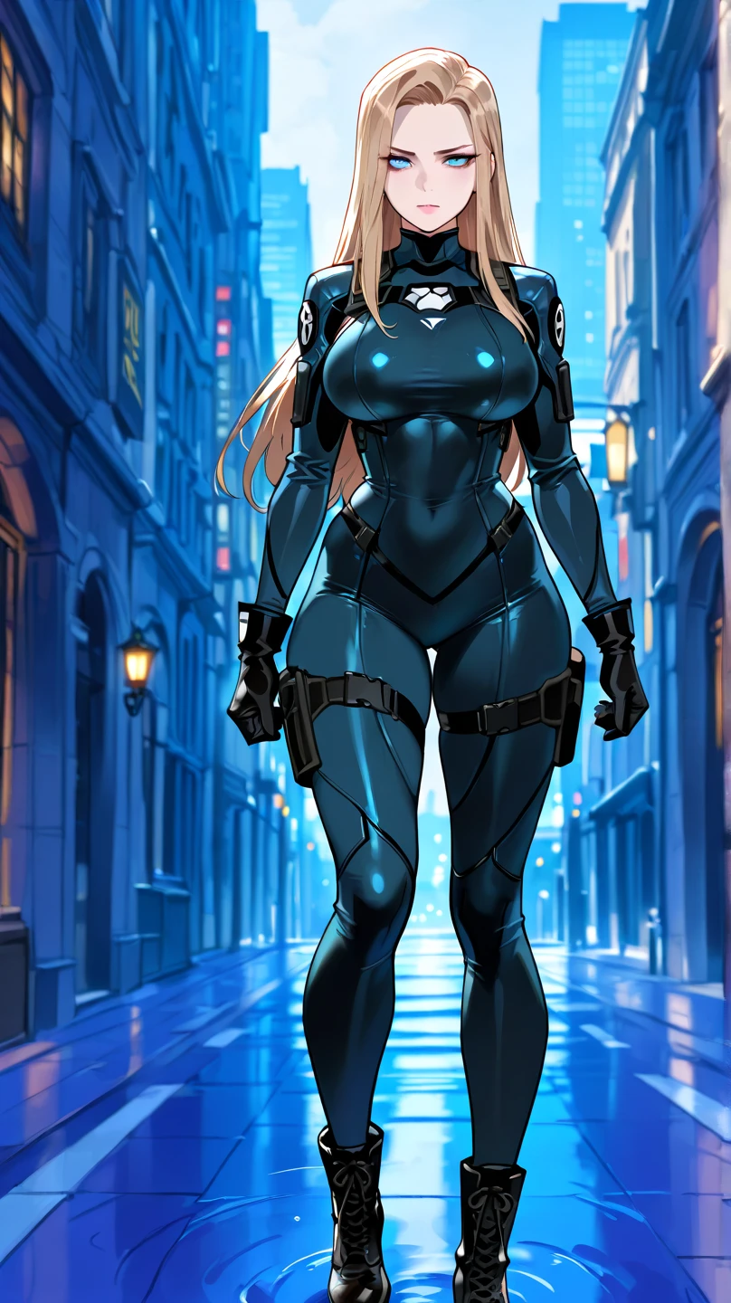 women, Blonde Long blond hair, Blue ,eyes, BLue body armor, gray Overall, big breast,  blue leahter pants, black Long boots, standing in the City