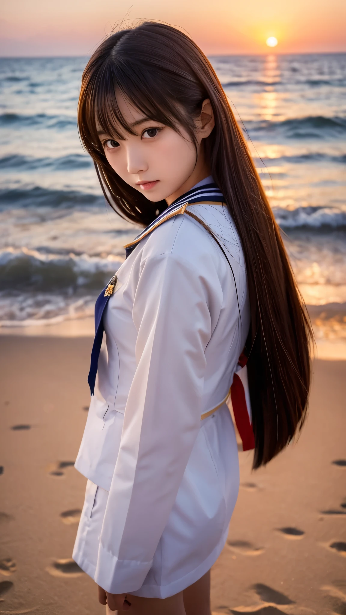 Arafed asian woman in sailor outfit standing on beach at sunset - SeaArt AI