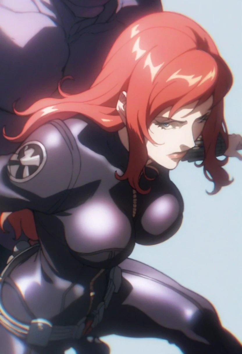 The image features a girl with long, bright red hair, dressed in a sleek skin-tight shiny black latex bodysuit with a deep-cut zipper neckline revealing a large chest, the silver zipper running down the front. The suit is complemented by her iron wrist guard on both wrists and a belt made of silver circles around her waist. She holds a gun in each hand in a ready position, while her other hand is touching her hair. Placed against a dark city backdrop, the scene includes buildings and might contain elements resembling a clock tower, suggesting an urban setting. This composition is emblematic of a superhero genre, highlighting central and ancillary characters, with an overtone of action and vigilance.
