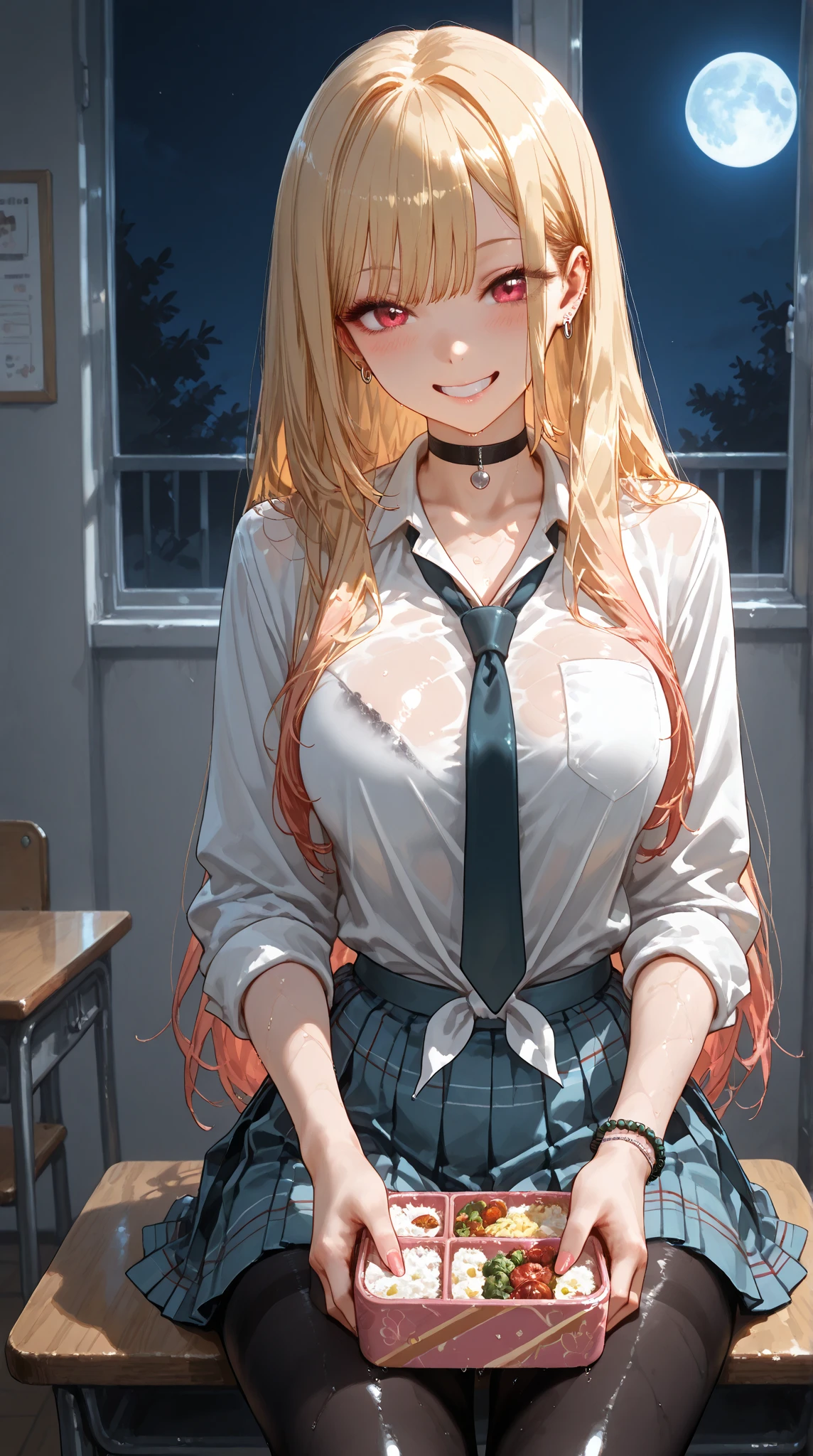 Masterpiece, best quality, high resolution, Kitagawa Marine, blonde hair, long hair, multi colored hair, I have pink tips., red eyes, decorations, necklace, black choker, white collar shirt, long-sleeved shirt, Blue tie, blue plaid skirt, short skirt, black stockings, ear piercing, big breasts, Medium hips, perfect thighs, bracelet, bedroom, cross-legged sitting, Blush, smile, excited, see teeth, charming, Wonderful hands., good light