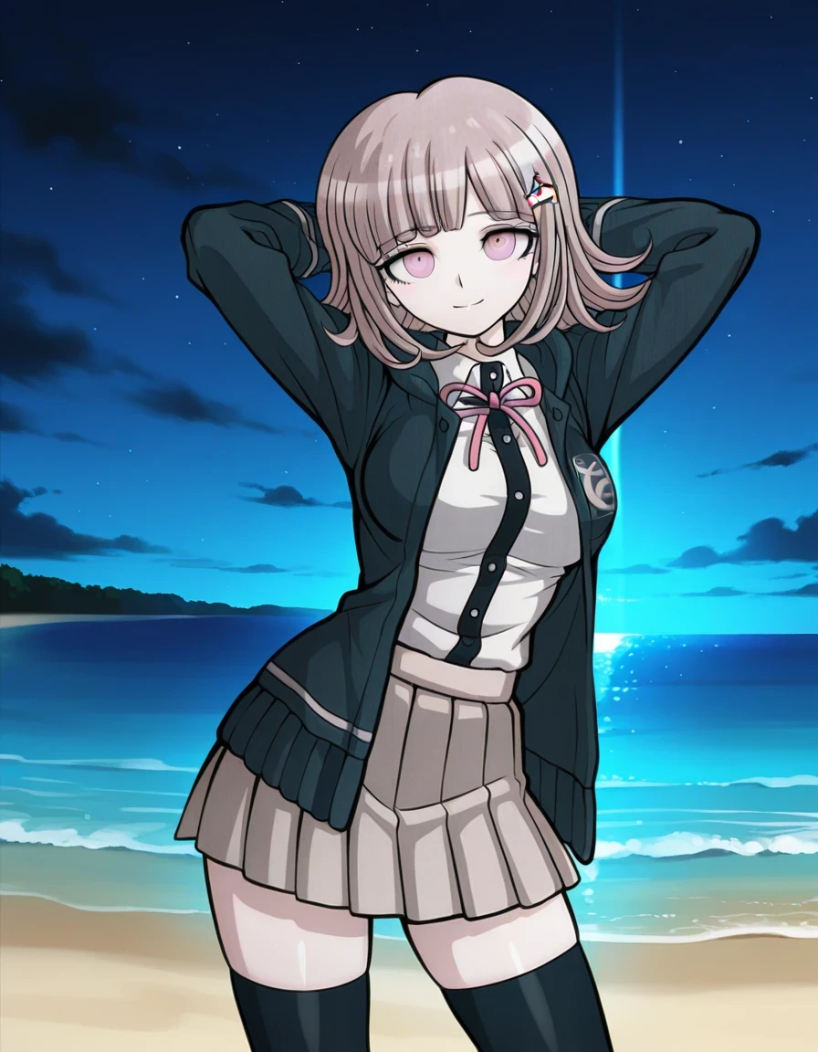 nanami chiaki, game screencap, hairclip, neck ribbon, pink ribbon, black hoodie, open hoodie, hood down, collared shirt, white shirt, two-tone shirt, long sleeves, shirt tucked in, pleated skirt, brown skirt, miniskirt, zettai ryouiki, black thighhighs, flipped hair, medium hair, light brown hair, pink eyes, bangs, shiny skin, high quality, solo, night sky, beach, hands behind head, ((contrapposto)), closed mouth, cowboy shot, looking at viewer, smile, best quality