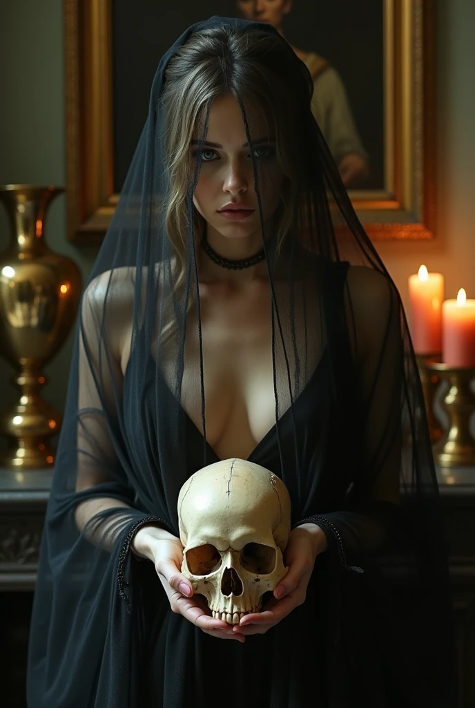 painting of a WITCH, very beautiful, perfect hands. long black nails, black lace clothes, holding a human skull in her hands, dynamic pose, cinematic scene, volumetric lights, ultra realistic, in the style of nicola samori
