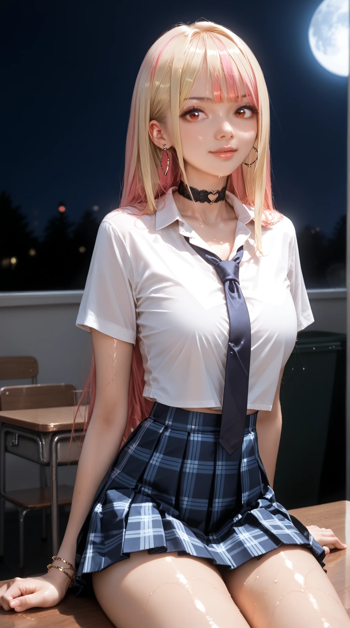One girl,masterpiece,Highest quality,Blonde,stockings,Checked skirt),Short skirt JK,,Are standing,In total length,Medium chest,Very detailed,[[Realistic]],Beautiful and attractive anime teen,Enchanting anime girl,Swinging skirt,blue eyes, hair ornaments, Hair Ribbon,Show your forehead、Twin tails、Random color school girl uniform、Lace choker, short hair,,No bra,,Very detailed肌, Very detailed顔, (Beautiful Fine Eyes, the girl, Red cheeks) ,The girl has a toned figure., Intricate details,Closely、Embarrassed expression、blush、Shining Sweat、Perfect Skin,Sweat is noticeable in the cleavage、、Sweating on thighs is noticeable、 Fair skin,Tight waist, Sweating profusely、Sweaty hair、Sweaty clothes、Sweaty、Visible sweat、Sweat-soaked hair、Athlete System、Cherry blossoms fluttering down、Silver Hair、Night cityscape。Reflection of light、moonlight