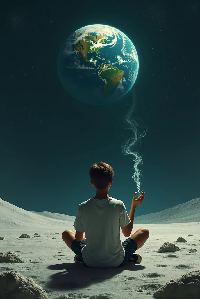 A boy sitting on the sphere of Mars smoking looking at the earth