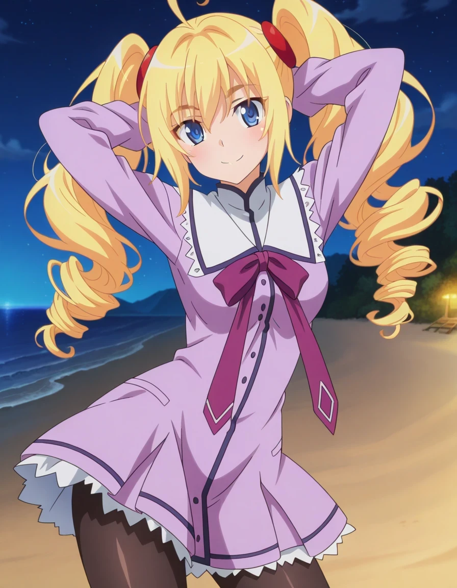 RavelDress, anime screencap, masterpiece, drill hair, twintails, blonde hair, blue eyes, ahoge, hair scrunchie, red scrunchie, light purple dress, purple ribbon, long sleeves, black pantyhose, shiny skin, high quality, solo, night sky, beach, hands behind head, ((contrapposto)), closed mouth, cowboy shot, looking at viewer, smile, best quality