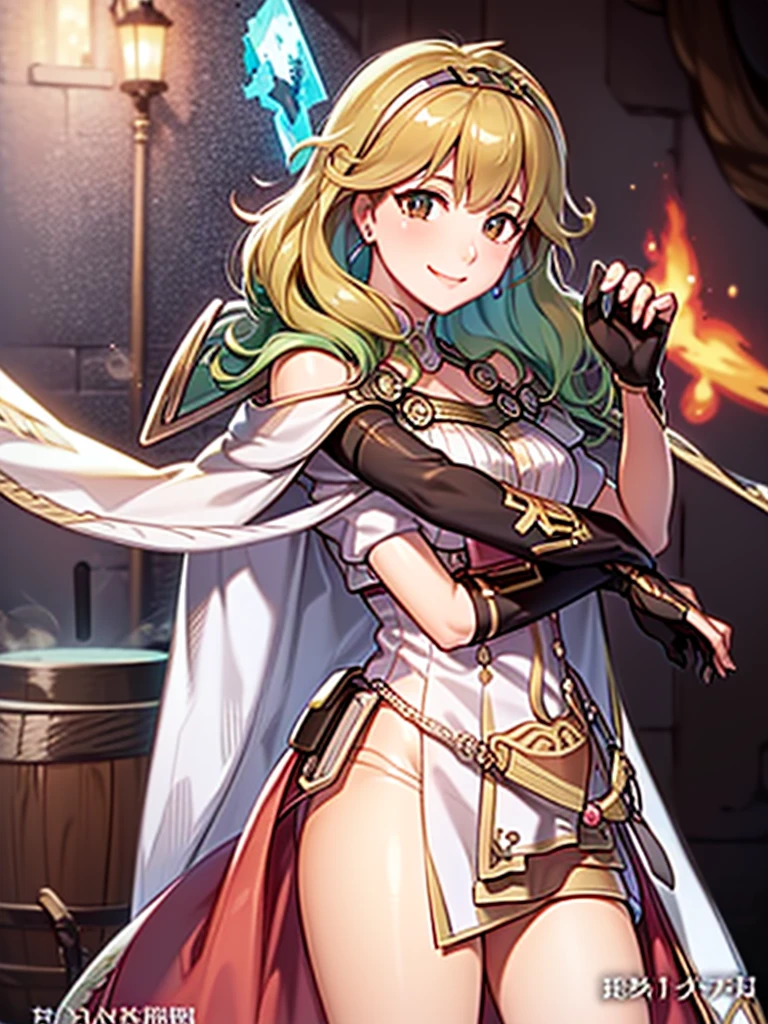sharenadef, armor, cape, gloves, skirt, zettai ryouik, bikini armor, blushing, half naked, dungeon