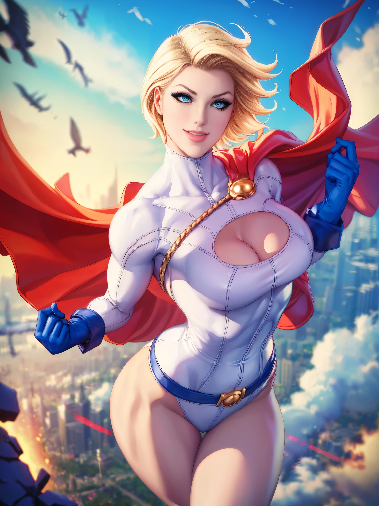 Masterpiece, (Massive female bodybuilder), (Huge Breasts:2), domino mask, american flag print, striped bodysuit, red cape,starandstripe, antenna hair