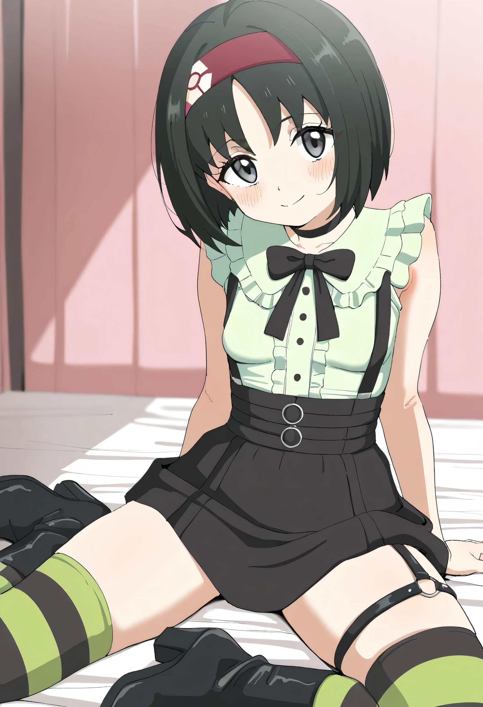 (1girl, solo, highly insanely detailed, masterpiece, top quality, best quality, highres, 4k, 8k, RAW photo),((innocent look)),((Childish)),From the front, symmetrical composition,smile,cute,Innocent,Kind eyes,Flat chest,Hairless vagina,Kim possible style,forest, (buttercup), (black hair, green eyes, short hair, messy hair)
(dress, light-green sleeveless dress, simple black belt, white thighhighs)