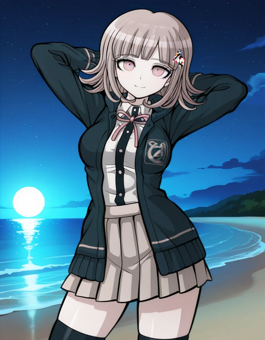 nanami chiaki, game screencap, hairclip, neck ribbon, pink ribbon, black hoodie, open hoodie, hood down, collared shirt, white shirt, two-tone shirt, long sleeves, shirt tucked in, pleated skirt, brown skirt, miniskirt, zettai ryouiki, black thighhighs, flipped hair, medium hair, light brown hair, pink eyes, bangs, shiny skin, high quality, solo, night sky, beach, hands behind head, ((contrapposto)), closed mouth, cowboy shot, looking at viewer, smile, best quality