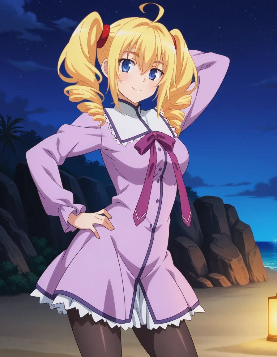 RavelDress, anime screencap, masterpiece, drill hair, twintails, blonde hair, blue eyes, ahoge, hair scrunchie, red scrunchie, light purple dress, purple ribbon, long sleeves, black pantyhose, shiny skin, high quality, solo, night sky, beach, hand behind head, hand on hip, ((contrapposto)), closed mouth, cowboy shot, looking at viewer, smile, best quality