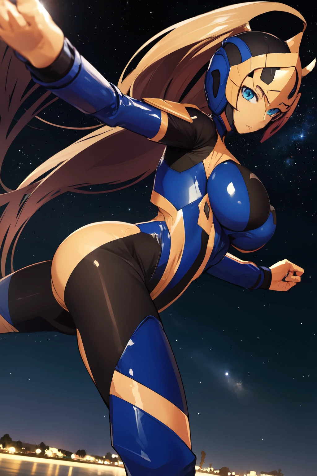 1 dark skinned girl, age25, mature face, thicc, HUGE breasts, shy smile, blue eyes(glowing), long brown hair, Wearing: goggles up on head, black superhero eye-mask, skintight black full-body spandex(blue concentric ring pattern on shoulders, blue star emblem on chest), small bronze shoulder pauldrons, broad brown leather belt(bronze fittings), brown leather hip boots, raygun gothic, Pose: standing legs apart with arms folded, from below, Background: Statue of Atlas, absurdes, high res, chiaroscuro, ultrasharp, 8k, masterpiece, looking at viewer,