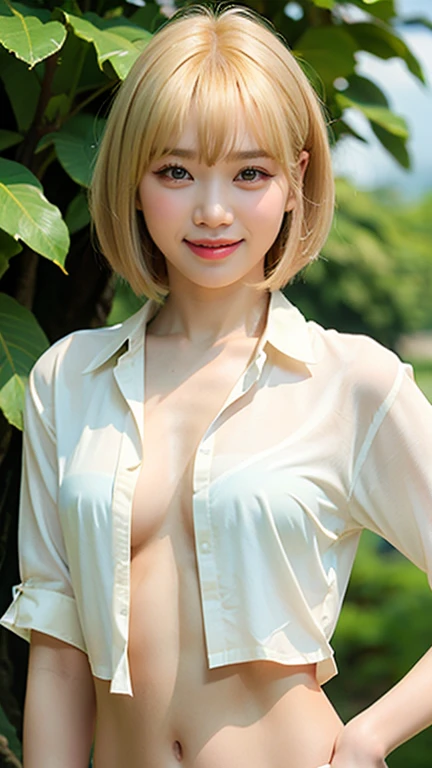 whole body, highest quality, 8K, , RAW photo, absurd, award-winning portraits, smile, alone, idol face, delicate girl, Digital single-lens reflex camera, looking at the viewer, Frank, Sophisticated, thin arms, professional lighting, film grain, chromatic aberration, (Eye and face details:1.0), (Bokeh:1.1) , distant view abandoned house , close your mouth , Completely naked , Blonde pixie cut , small breasts , sit and spread your legs