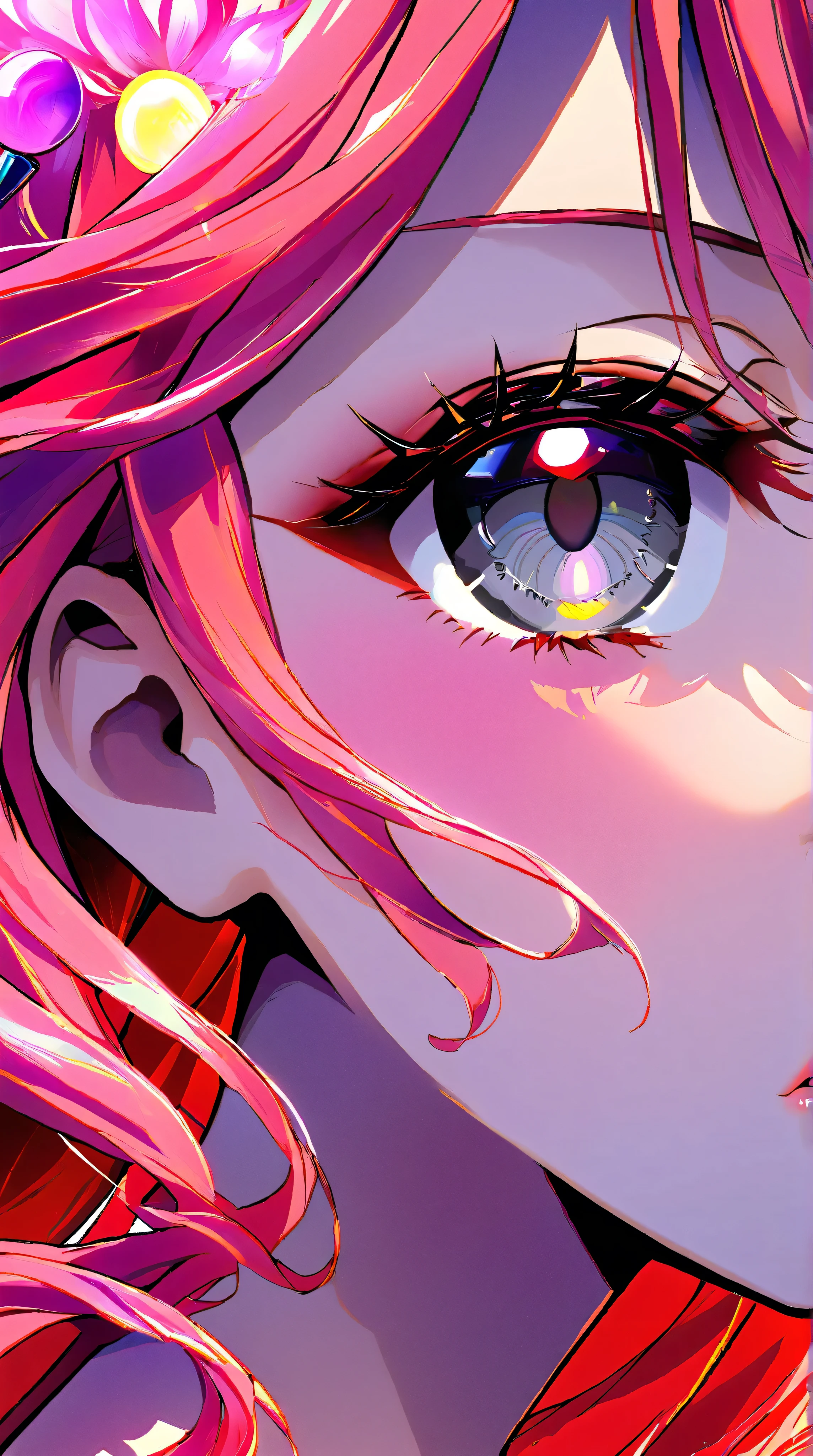 Woman, with very long curly red hair, with gray eyes, she is wearing a tube top and jeans, wears hair decoration, has big , she has pretty pink lips, shiny skin, jewelry, shiny skin, big breasts, cleavage, no background, blue background, red background, sexy, submissive, shy, heavy blushing,