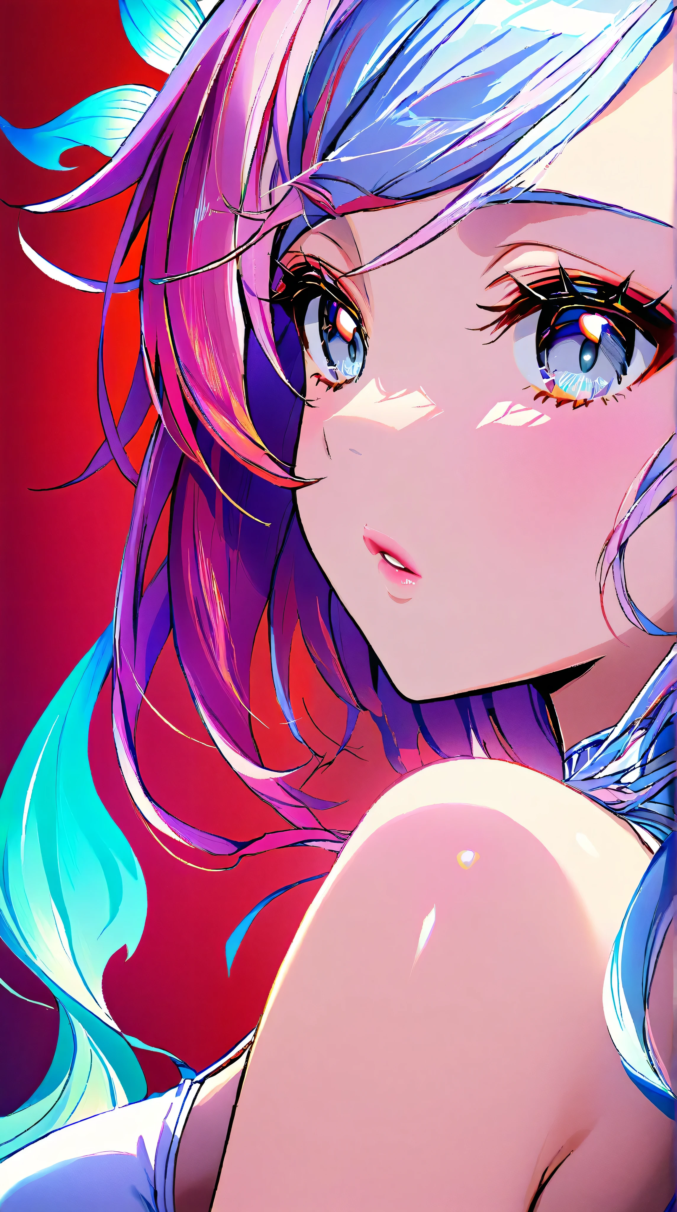 Woman, with very long curly red hair, with gray eyes, she is wearing a tube top and jeans, wears hair decoration, has big , she has pretty pink lips, shiny skin, jewelry, shiny skin, big breasts, cleavage, no background, blue background, red background, sexy, submissive, shy, heavy blushing,