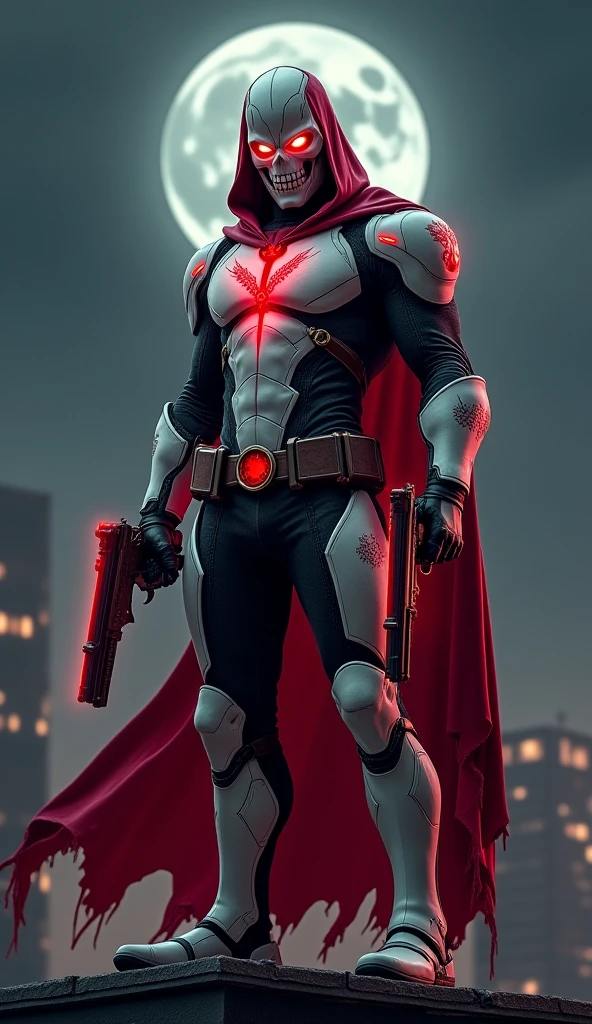 Dean Winchester bearded dressed as SUPERMAN (Masterpiece) hyperrealist & photorealist male holding weapon in highly & extremely detailed futuristic black combat suit body (WEARING white PAINT SKULL MASK) with scarf (masterpiece), Unity 8k, ((in ZBrush)), full HD midnight aura, developed by Unreal Engine 5, Ultra Sharp Focus, vibrant & intricate, epic in destroyed battlefield