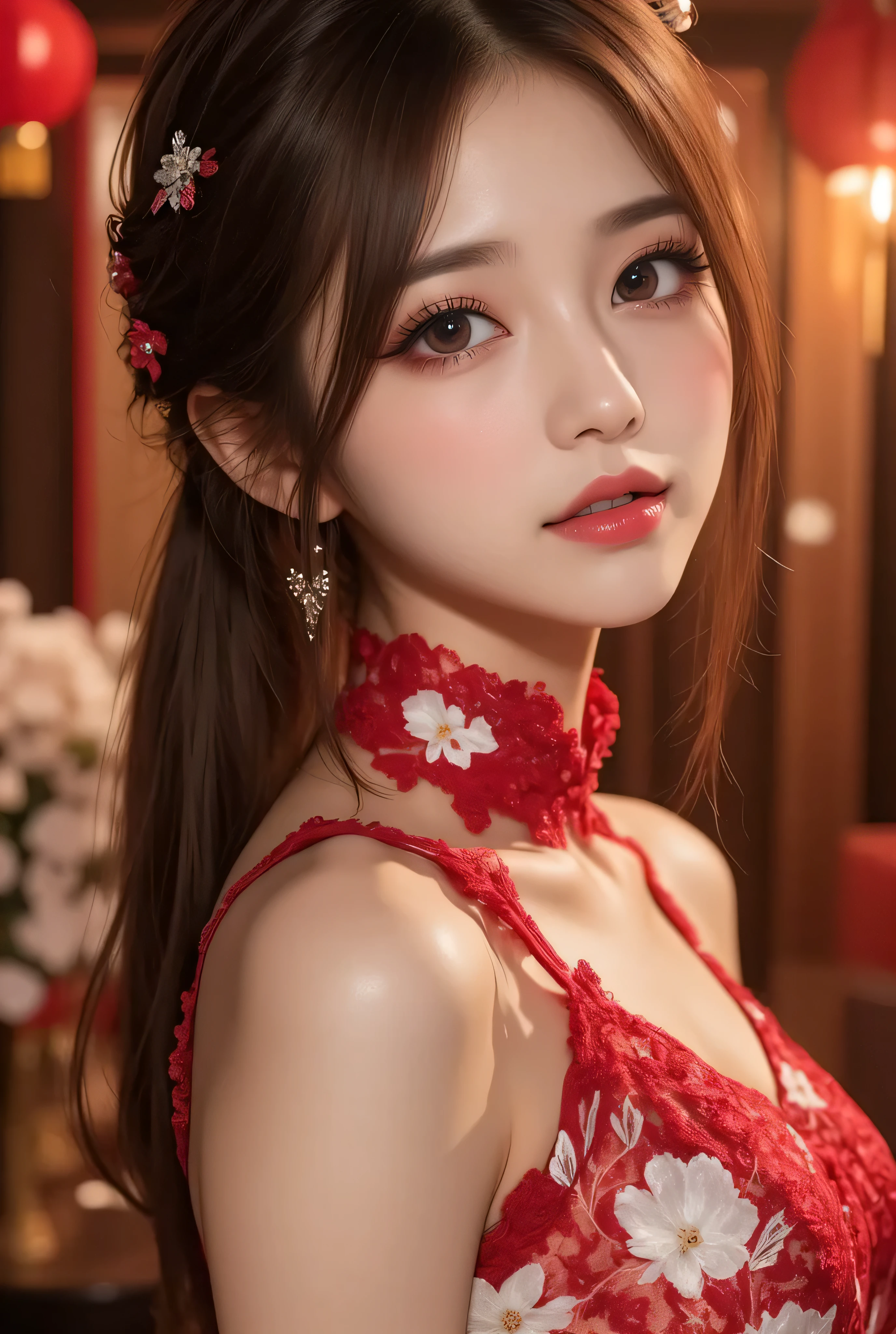 1 adult empress in red lace top, Deep-breasted nightgown, Chinese-style clothing, Ancient costumes with many phoenix patterns, Perfect white and pink face, Crown head, hip-length black hair , very beautiful and sharp brown eyes, Small red lips, Painted lips, Closed mouth, Jewelry worn around the neck, earrings, white and even teeth, High Nose, big round breasts, The girl's body is covered with water on her chest, Long legs, thin mesh black socks, Portrait, most realistic, Highest Quality, best pixels, 8k ultra , (Background 1 Super clear moon: 1.8), Detailed background ,