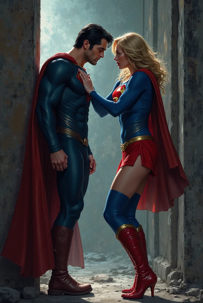 2 YOUNG SUPER HEROES WEARING SENSUAL AND REVEALING COSTUMES, ONE WITH HER GROIN SHOWING THROUGH THEIR TIGHTS, TWINKS, BIG BULGE