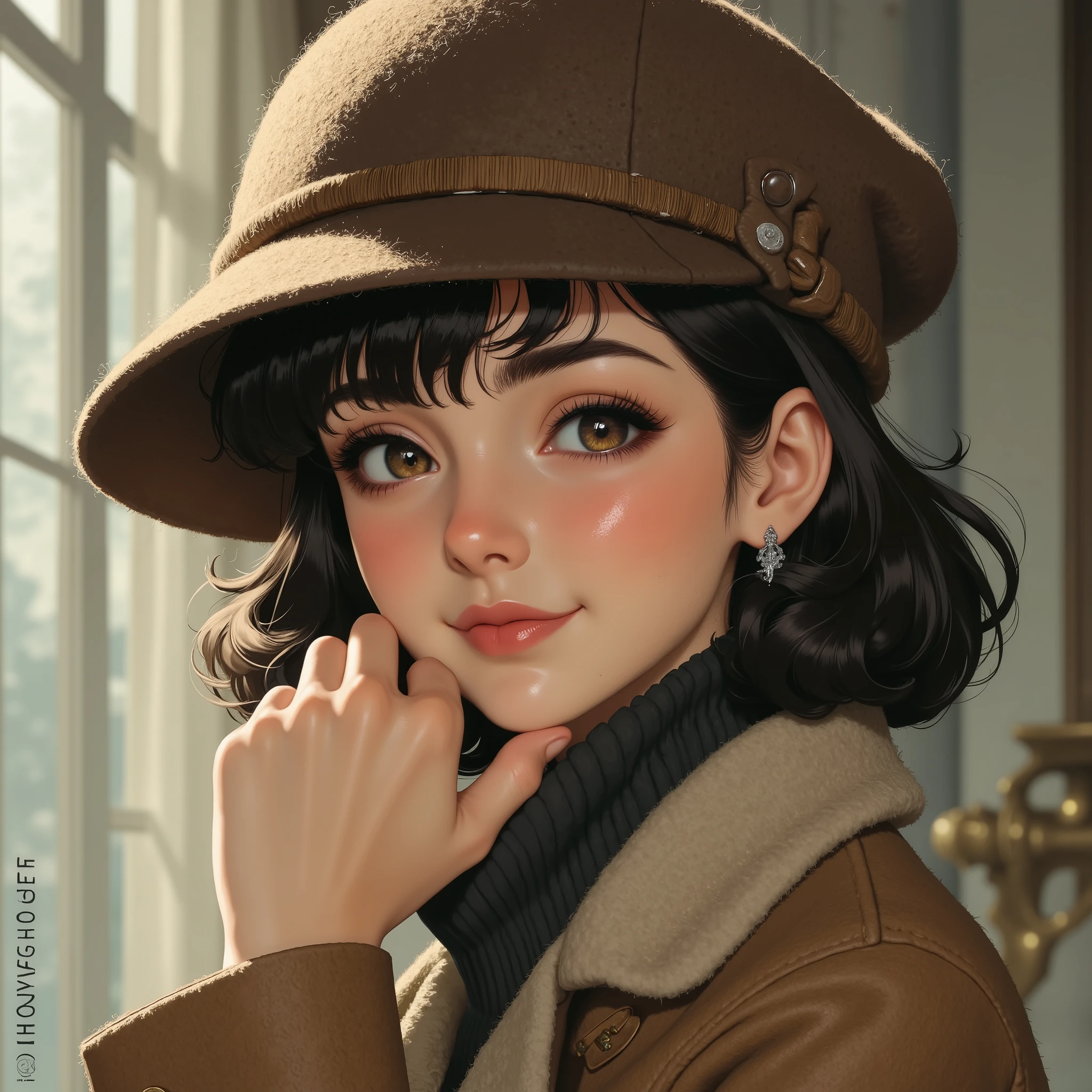 1girl,portrait、Anatomically correct hands.,(( wool felt hat)) ,.. Rough textured felt fabric.very thick felt fabric hat.,focus hat,Woman wearing wool felt hat. Wool fine texture. hand.Smiling face. Wool felt coat.A profile. Side eyes.smiling at viewer,anime art,modernretroanime,Perfect hand、
Anime,. Mature woman. Sharp-eyed woman.
